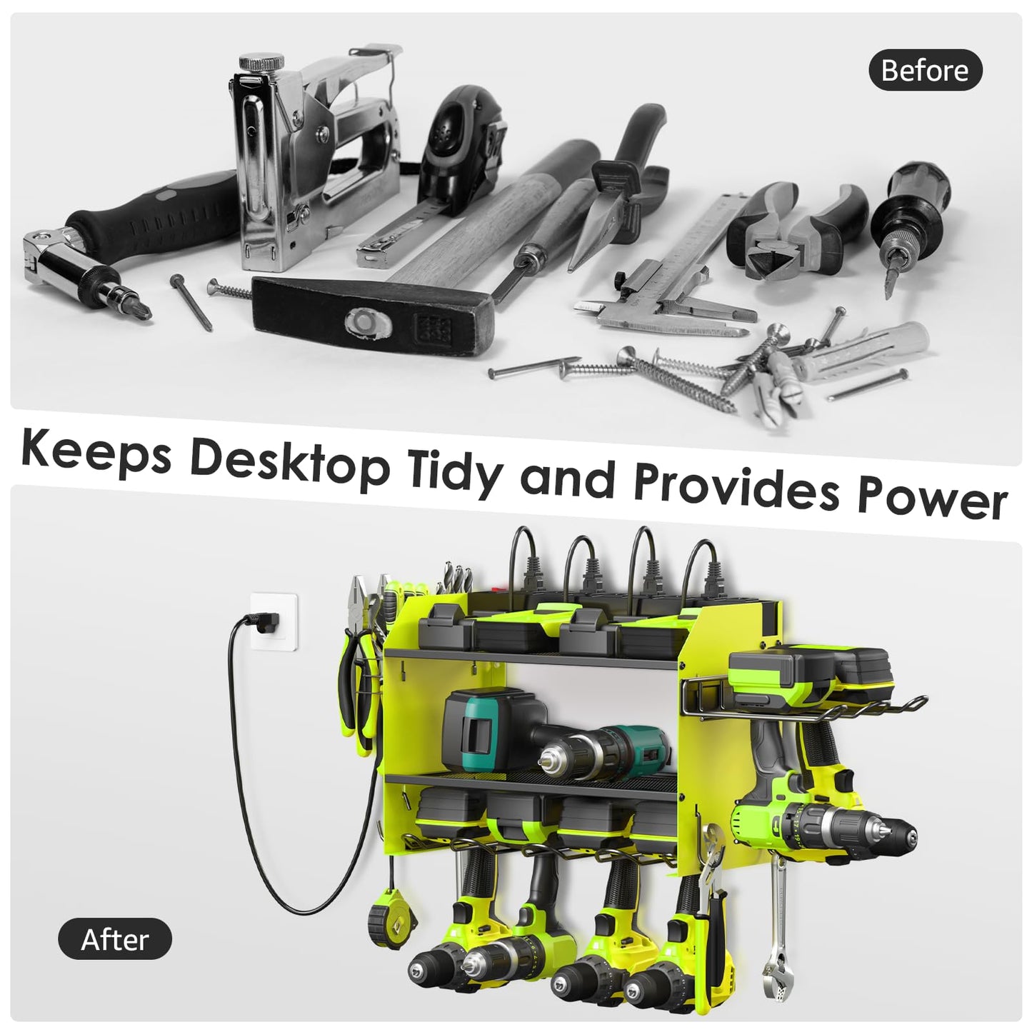 CCCEI Modular Power Tool Organizer Wall Mount Charging Station, Green 6 Drills Holder with 8 Plug Power Strip 10FT, Garage Drill Battery Heavy Duty Metal Shelf, Utility Rack with Hooks, Side Storage.
