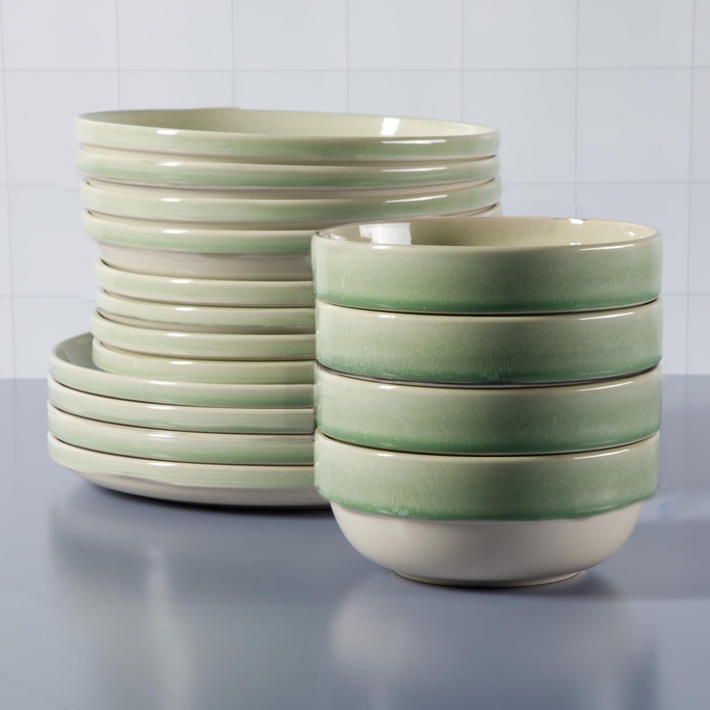 Sur La Table Kitchen Essentials Banquette 16 Piece Double Bowl Plates and Bowls Reactive Glaze Stoneware Dinnerware Set - Green