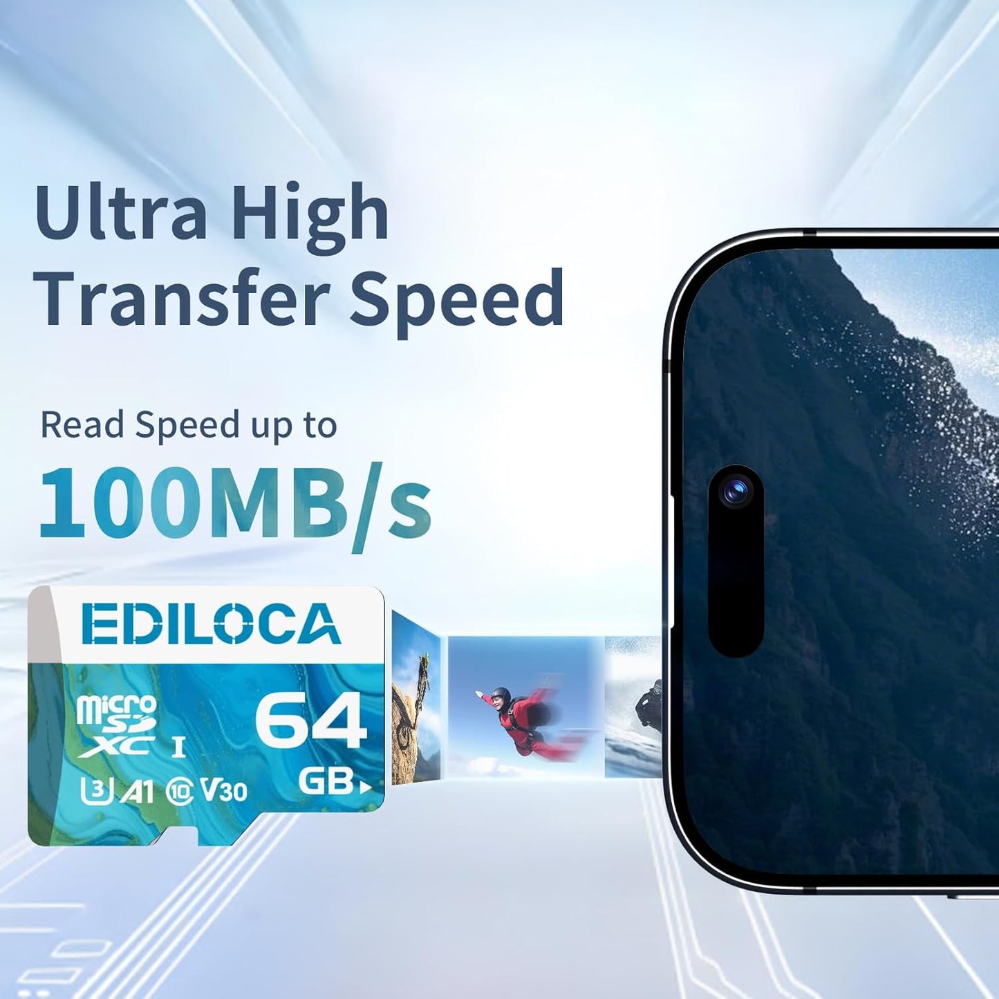 Ediloca 64GB 100MB/s, 4K C10, U3, V30, A1 Micro SD Card, Memory Card with SD Adapter, Read Speed up to UHS-I TF Card