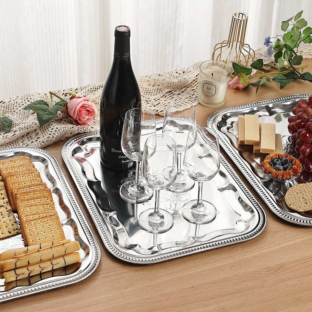 4-Pack 15.7" x 11.8" Silver Serving Trays for Party Set - Floral Engraved Serving Platters, Wedding Birthday Mirror Tray for Summer BBQ, Food, Appetizer, Charcuterie, Cookies, Desserts