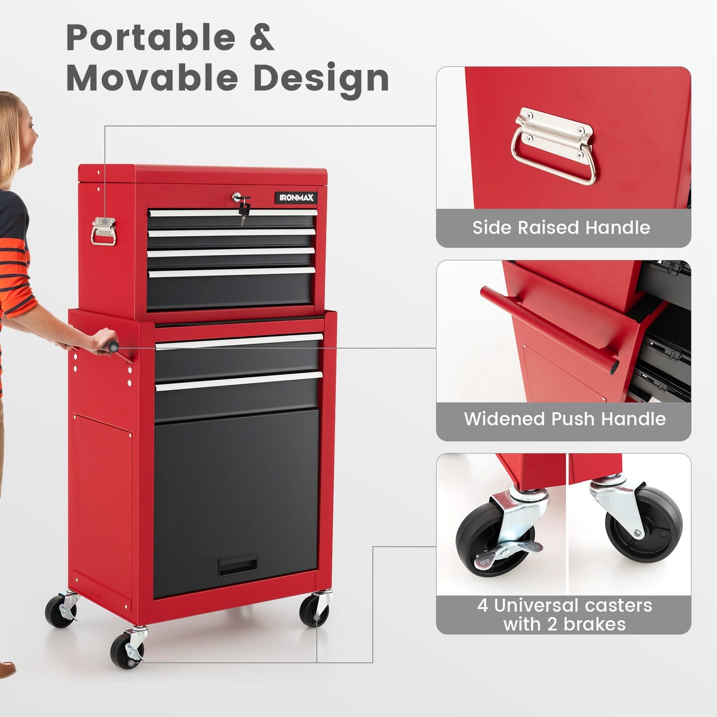 ERGOMASTER Rolling Tool Chest Cabinet Big Capacity Storage with Wheels and Lock Key, Portable Tool-Box Organizer with Sliding Drawers - 6 Drawers & BlackRed