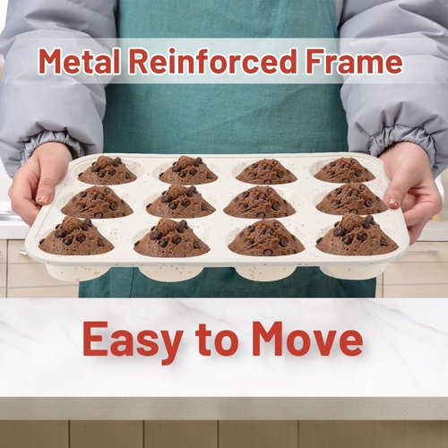 CAKETIME Silicone Muffin Pan - Nonstick 12-Cup Design with Metal Reinforced Frame | Easy to Move