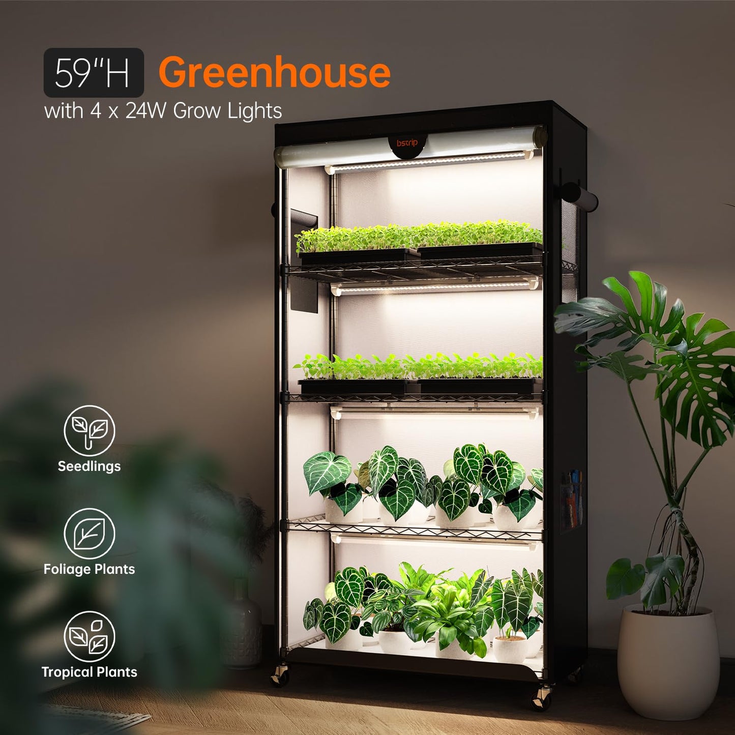 Bstrip Indoor Greenhouse with Grow Light, Plant Stand with 4 Pack 24W Full Spectrum Plant Lights , Plant Shelf with Tent for Indoor Plant, Seed Starting, Seed Tray, 29.5"x13.8"x59"