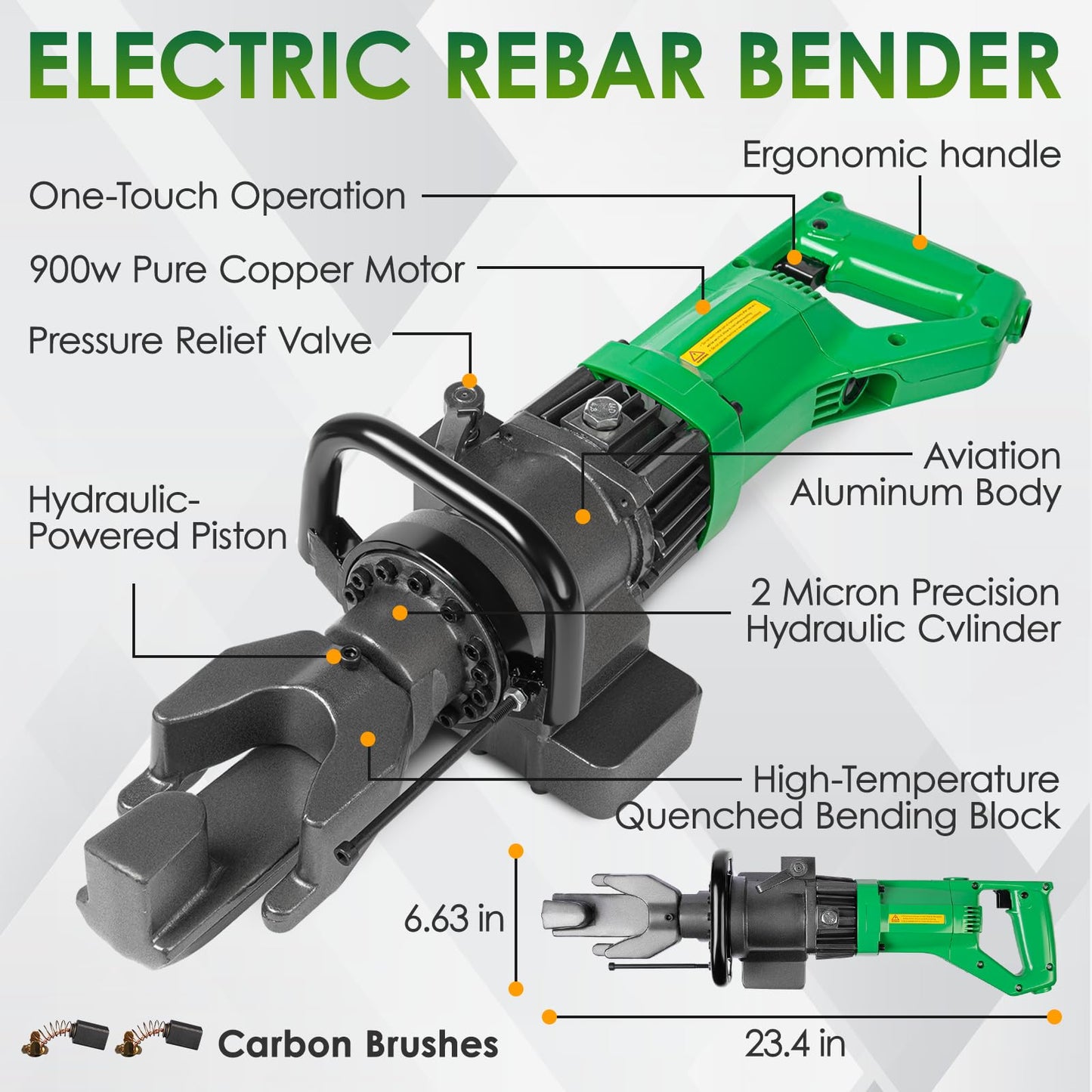 YIXBIZHU 900W Electric Handheld Hydraulic Rebar Bender 3‑Second Bends for #3‑#5 (6‑16mm) Steel Bar, 0‑130° Angle Dial, Lightweight Aviation‑Aluminum Body, 110 V Portable Steel Rod Tool（NRB‑16）