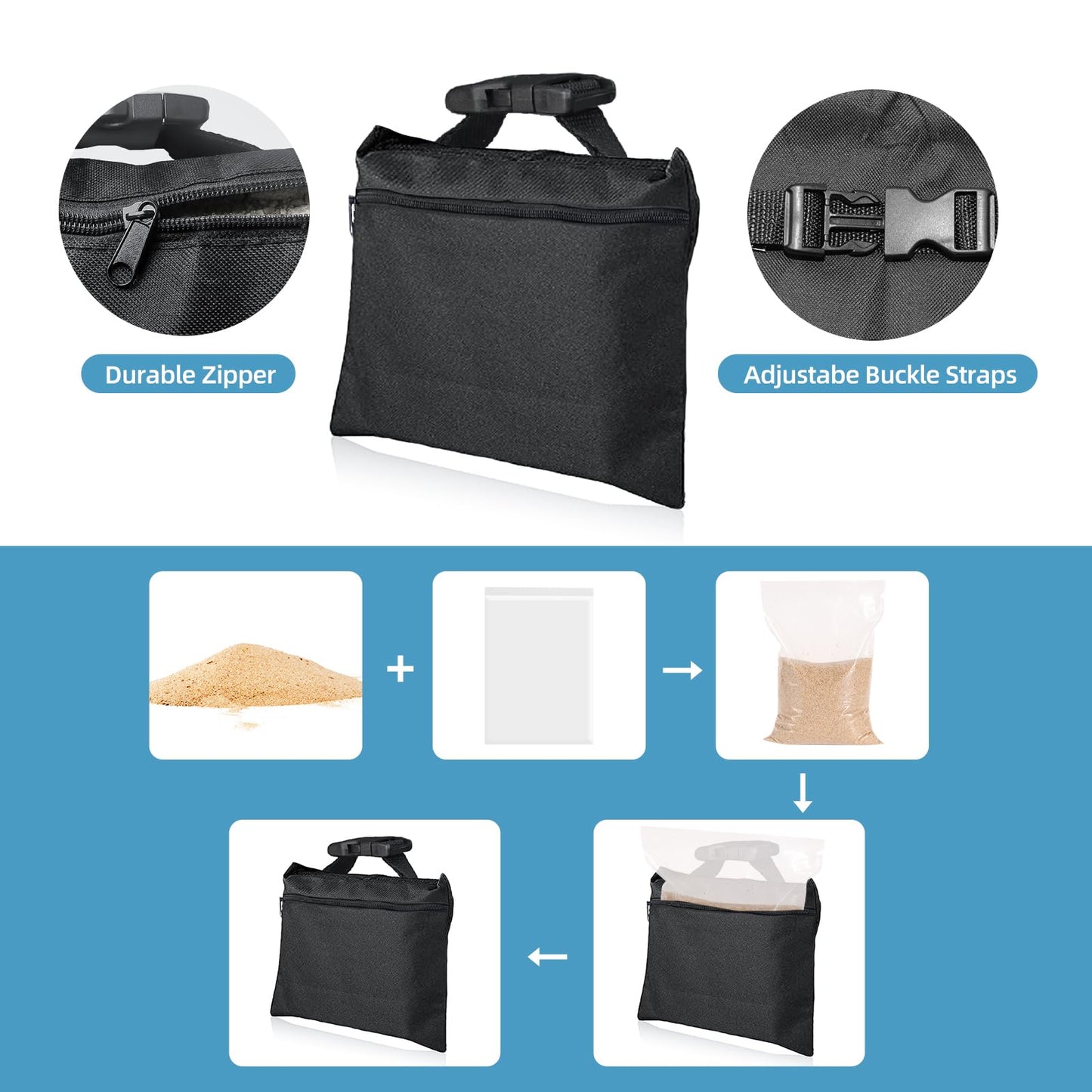 ifkdnr Sandbags 4 Packs with 4 PE Bags, Heavy Duty Sand Bags, Sand Bags for Weight with Zipper and Buckle Straps for Support Light Stand, More 2/4/6/8/10/12 Packs Sand Bag to Choose.
