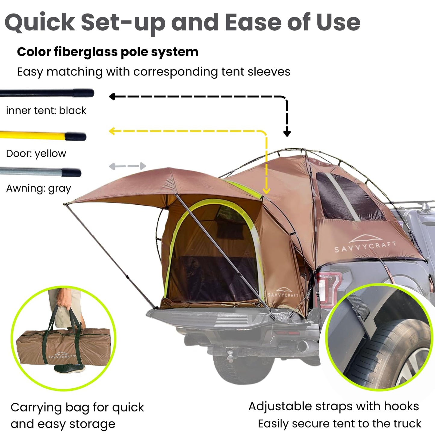 Savvycraft Pickup Truck Tent for Full Size Truck 8.0'-8.2' Long Bed, Waterproof P3000mm 2-Person Double Layer Truck Bed Tent Camping Tent, Expandable Awning, Rainfly, Storage Bag Included Brown