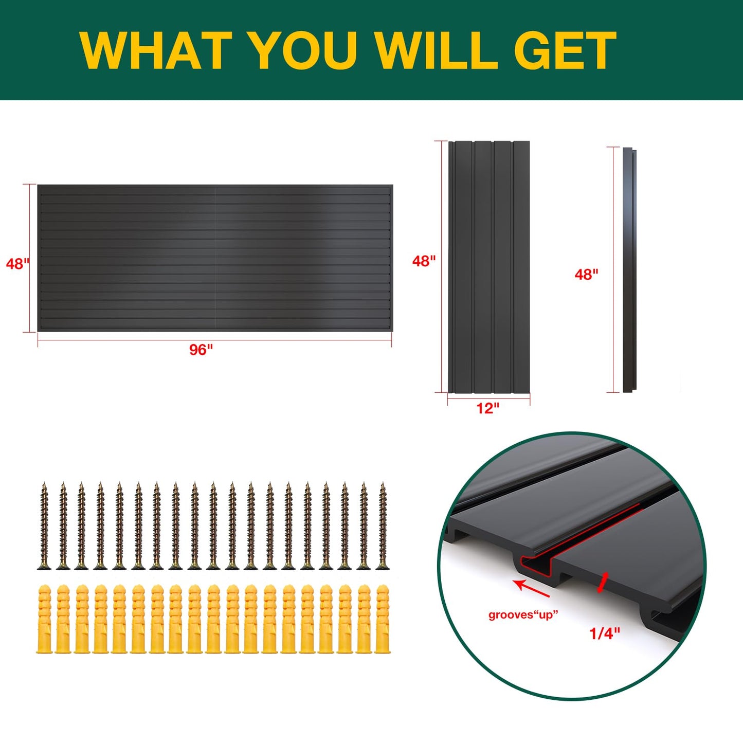 Yuzzy Slat Wall Paneling 4 x 8ft, Garage Slatwall Panel Wall Storage Systems, Heavy Duty PVC Garage Wall Organization (Black)