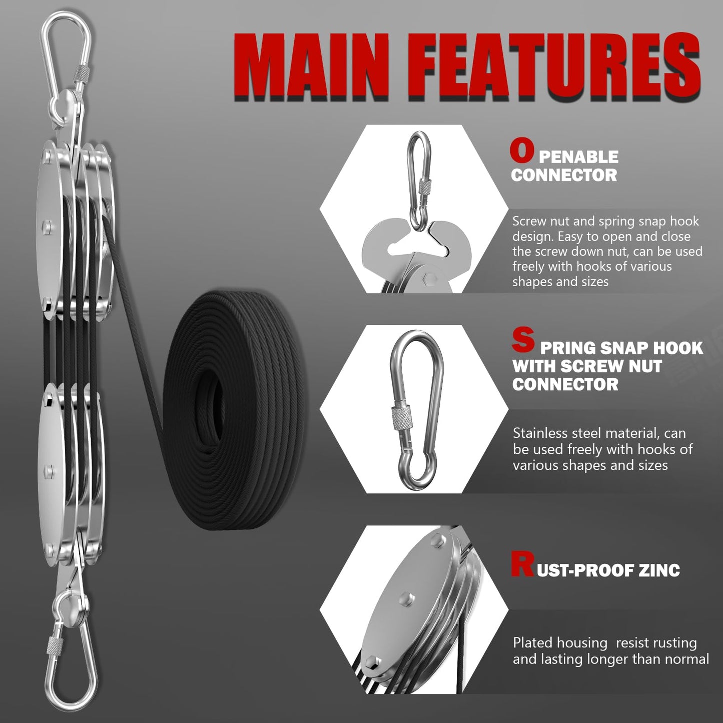 YATOINTO Upgraded Rope Hoist Pulley System, 530LB Pulley Block and Tackle, 7:1 Ratio Lifting Power 60FT, Pulley Block for Hunting Deer Hoist Kayak Lifting Objects Garage Warehouses Building