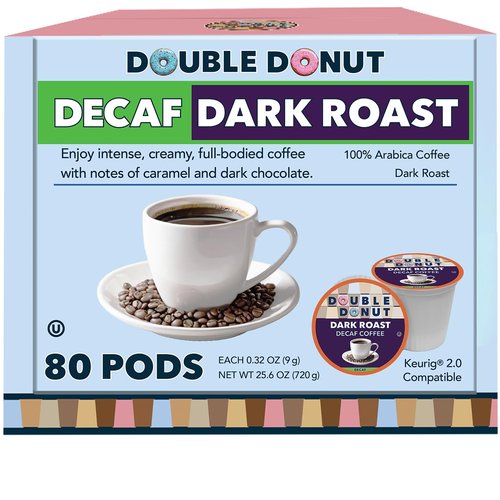 Double Donut Coffee Decaf Dark Roast Pods - Extra Bold Single Serve for Keurig | 80 Recyclable Pods