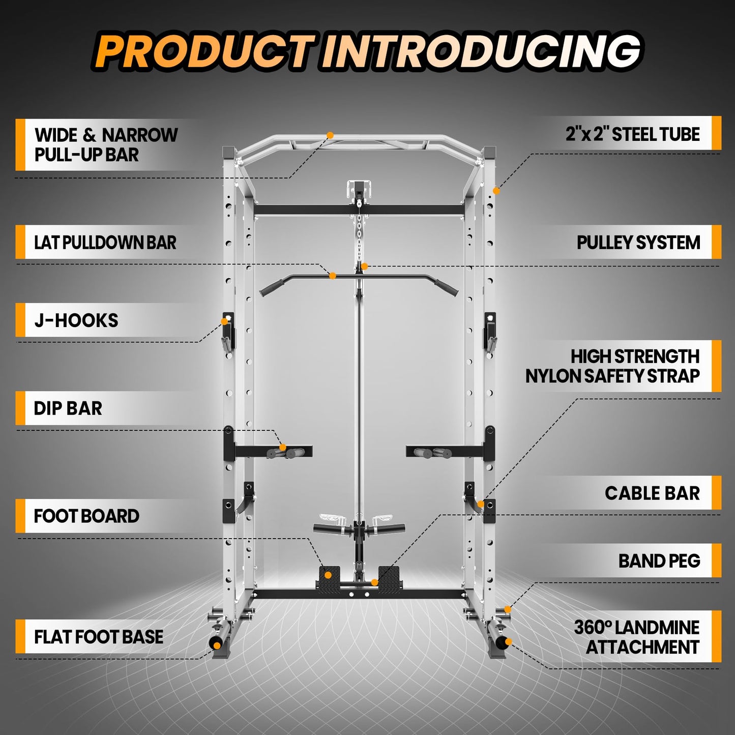 Power Cage with LAT Pulldown Machine - Squat Rack for Home Gym, Multi-Functional Weight Cage with Cable Pulley System, Dip Bars & Landmine Attachment