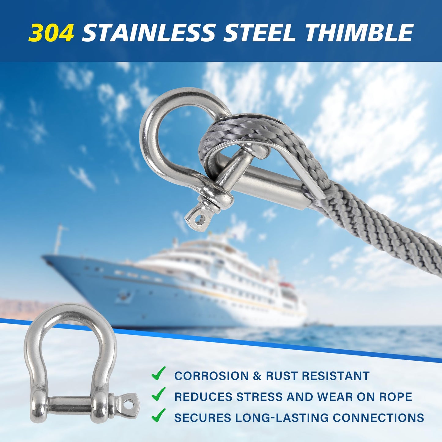 HOPESEILY 3/8 x 50FT Boat Anchor Rope, Premium Solid Braid MFP Marine Line with Stainless Steel Thimble & Shackle for Boats Jet Ski Yacht Dock, Heavy Duty (Grey)