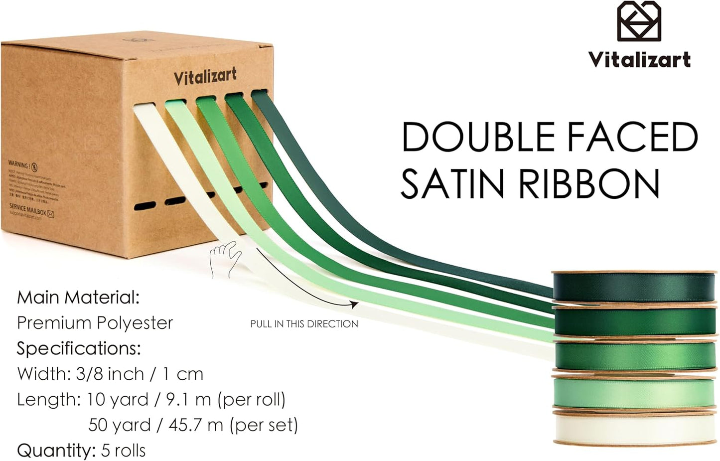 Vitalizart Satin Ribbon - Green & Cream Double-Faced Craft Ribbon | 3/8" x 50 Yd for Gift Wrapping & Decorations