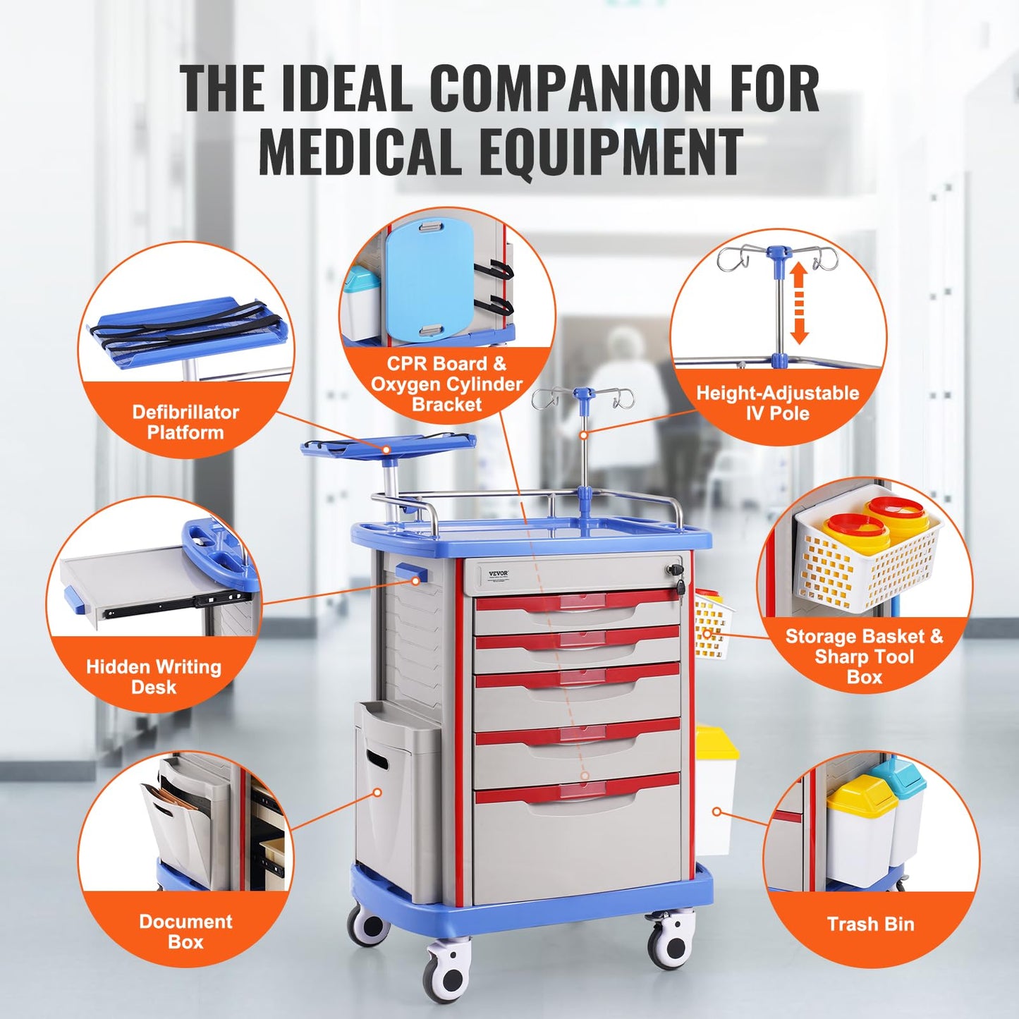 VEVOR Medical Crash Cart, Nursing Emergency Rolling Cart with 5 Drawers & 4 Silent Wheels, Adjust IV Pole, Needle Disposal Holder, Trash Bin, O2 Holder, Mobile Trolley for Hospital, Clinic, Lab, Salon