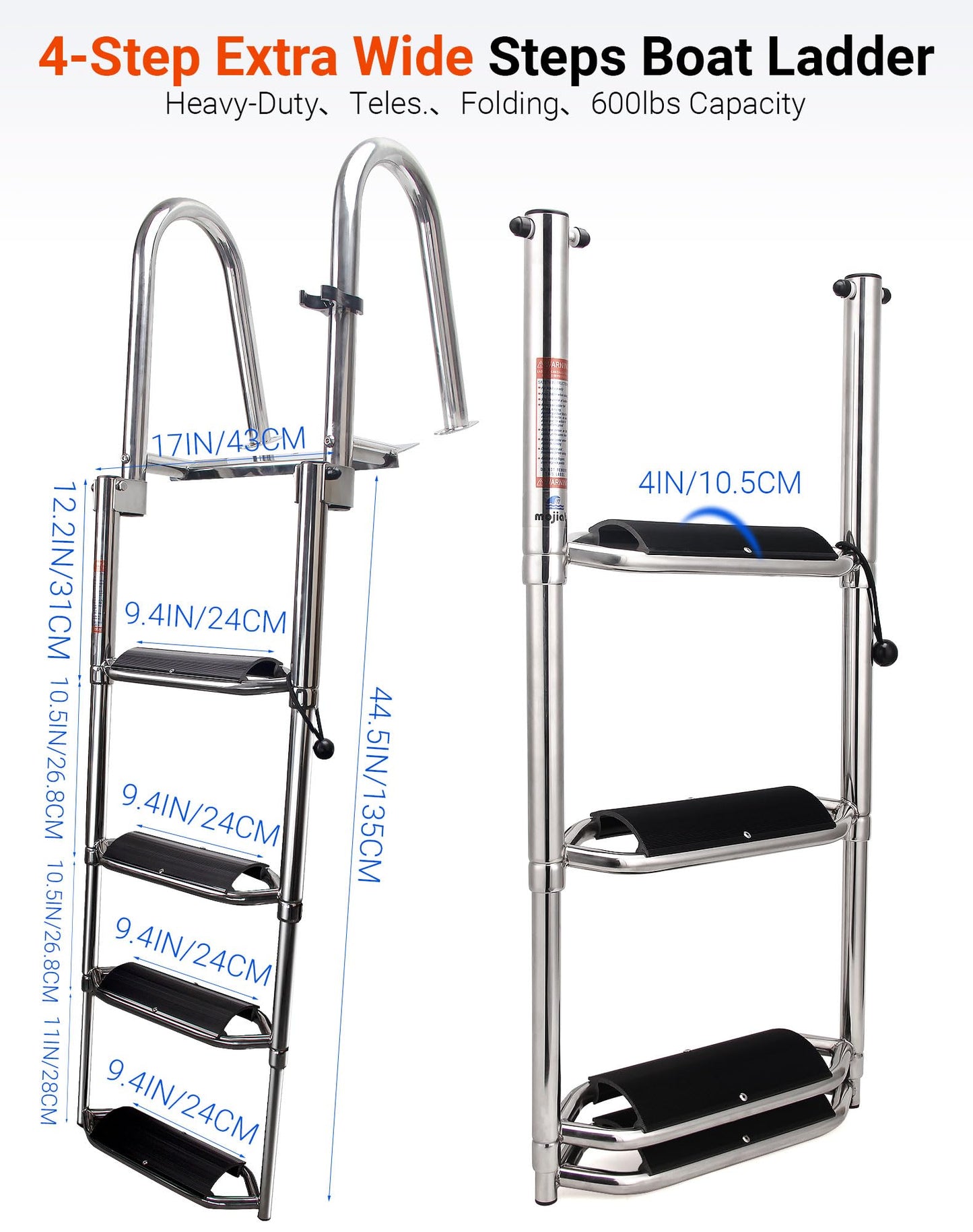 Mojiate 4-Step Heavy-Duty Stainless Steel Pontoon Boat Ladder with Extra Wide Steps & Handrails | Telescoping Folding Rear Entry Ladder, 600lbs Capacity, Marine-Grade 316 Stainless Steel