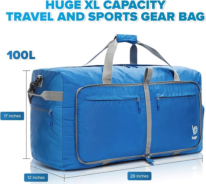 Bago Large Foldable Duffel Bags for Traveling Women & Men - 100L Packable Duffle Bag for Travel with Shoe Compartment - Water Repellant, Heavy Duty, Lightweight Folding & Collapsible (Blue)