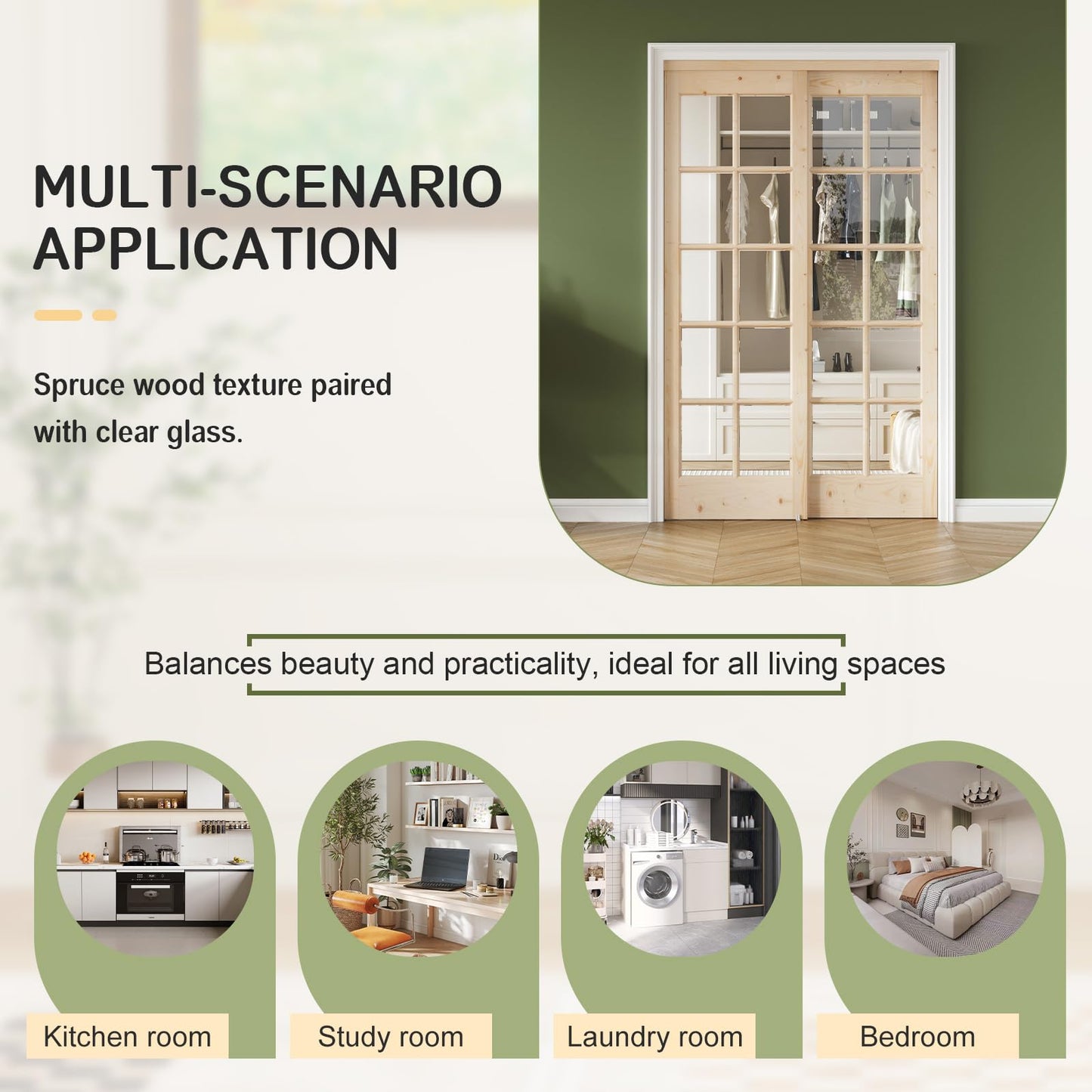 Easelife Preassembled Sliding Closet Door 48in x 80in (Double 25in), Spruce Wood Barn Door Slab with Bypass Hardware Track Kit, Tempered Clear Glass, Fit Interior Pantry Kitchen