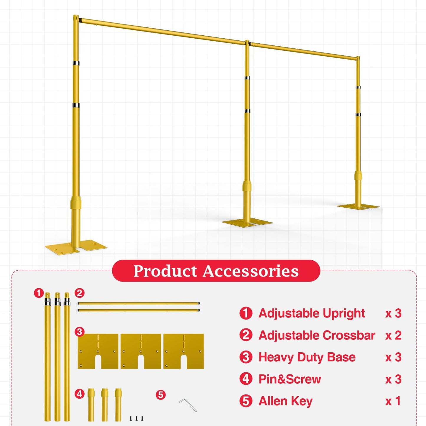 EMART Backdrop Stand Heavy Duty 8.9ftx20ft, Adjustable Pipe and Drape Photo Background Support Kit, Metal Frame with Flat Base for Wedding Birthday Party Banquet Decorations-Gold
