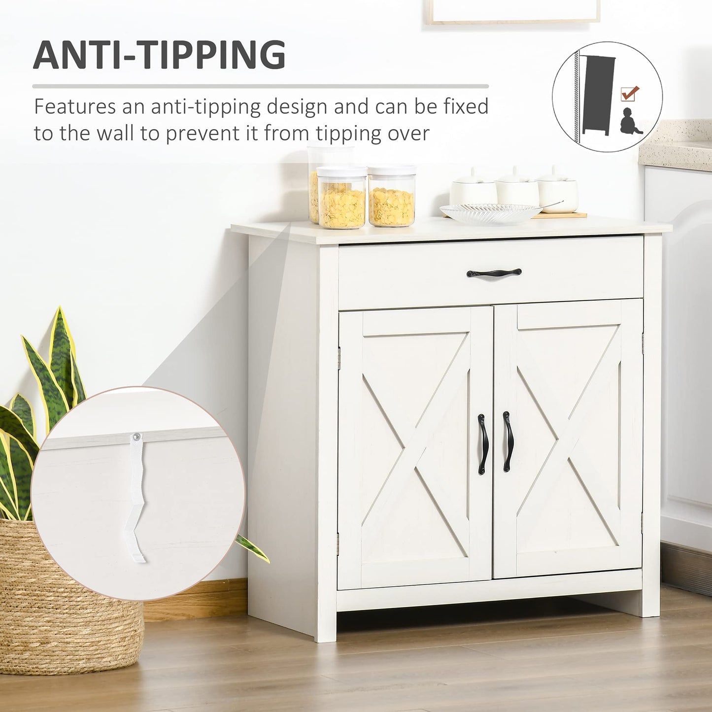 HOMCOM Farmhouse Sideboard Buffet Cabinet, Barn Door Coffee Bar Cabinet with Drawer and Adjustable Shelf for Kitchen, Living Room, Entryway, White Wash
