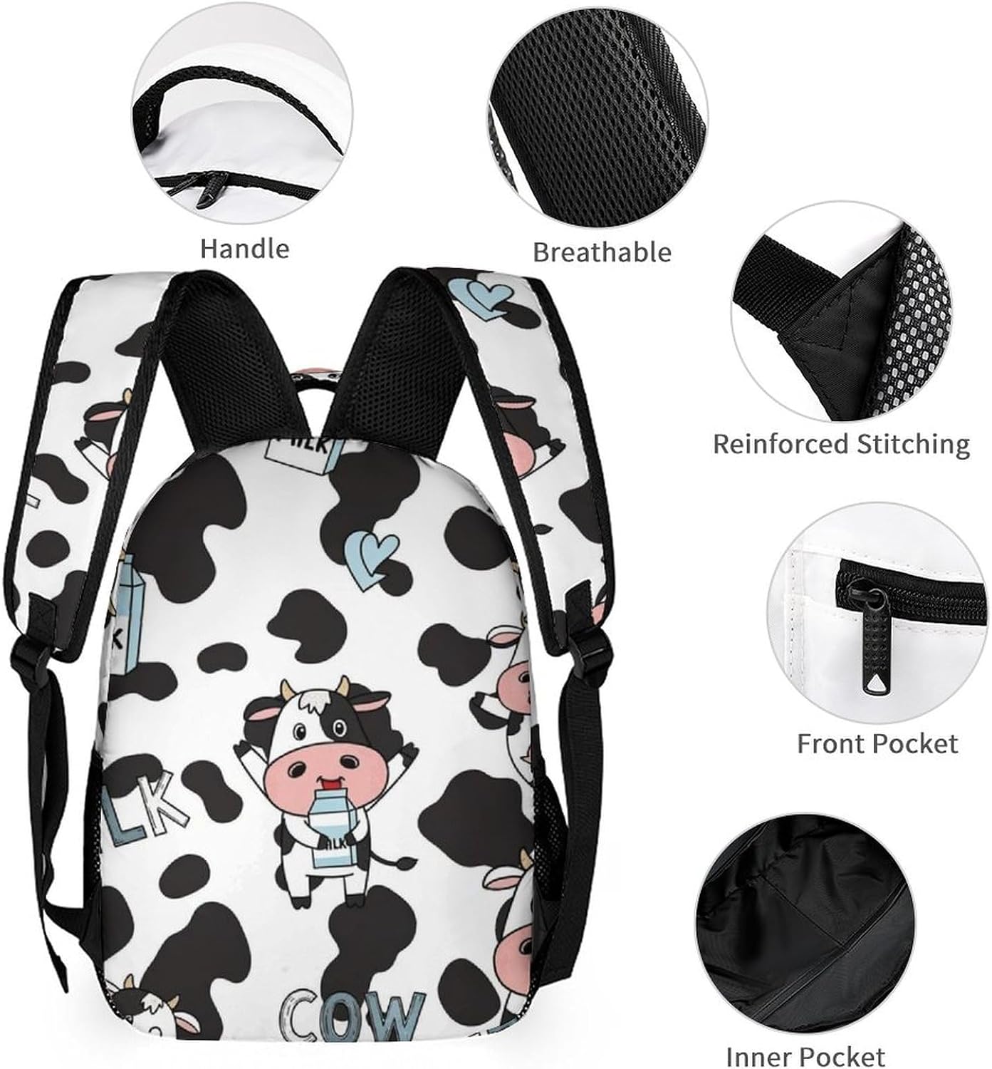 100% BLUE COLLAR Backpack Set Daypack Set Backpack Laptop Milk Cow Print Bookbag with Lunch Bag & Storage Bag