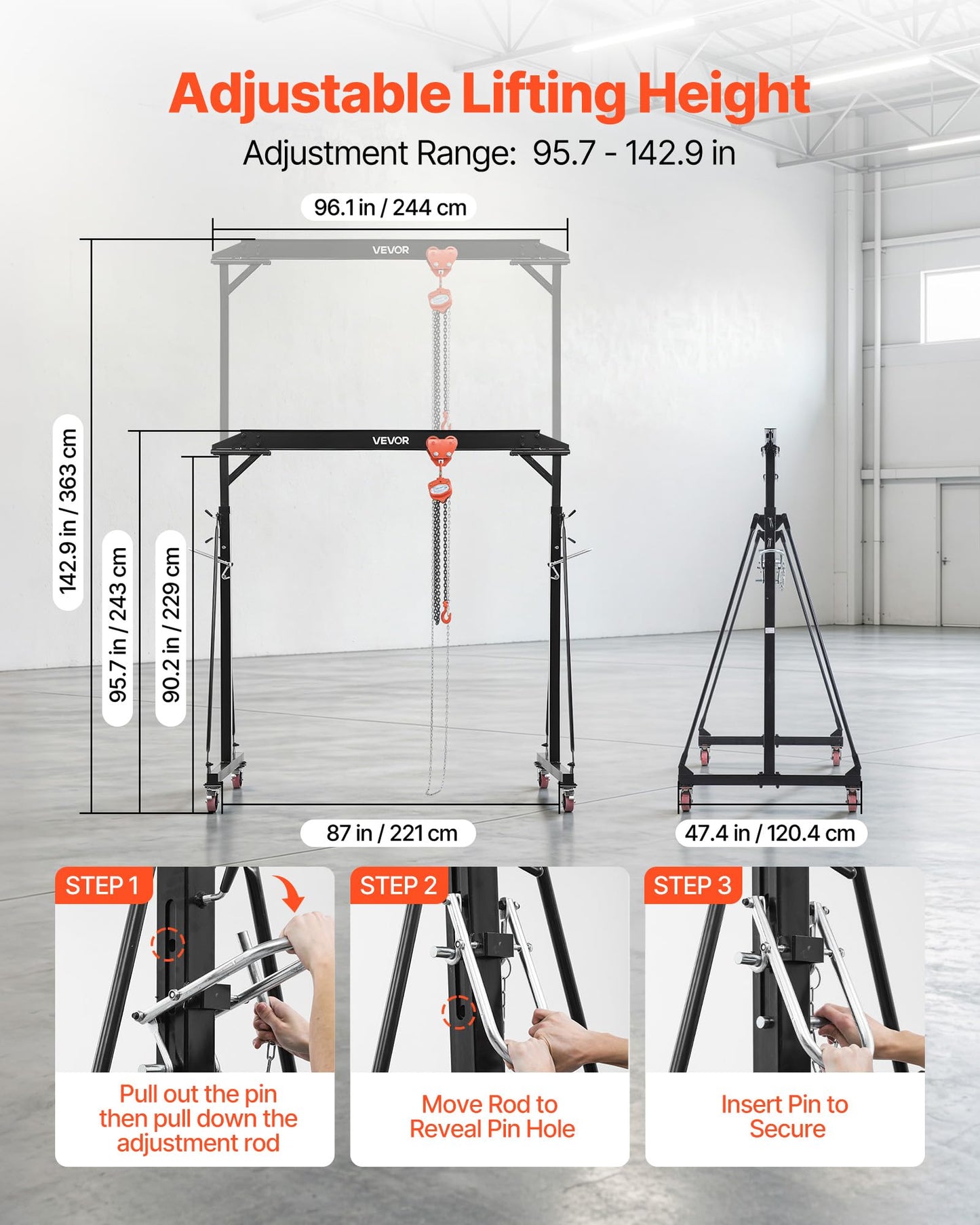 VEVOR Adjustable Gantry Crane, 2200 lbs Capacity, Portable Shop Lift Hoist with 95.7-142.9 in Height Adjustable, Manual Trolley, Hoist, Sling, Shackles, Hooks, for Garage Factory Warehouse Auto Repair