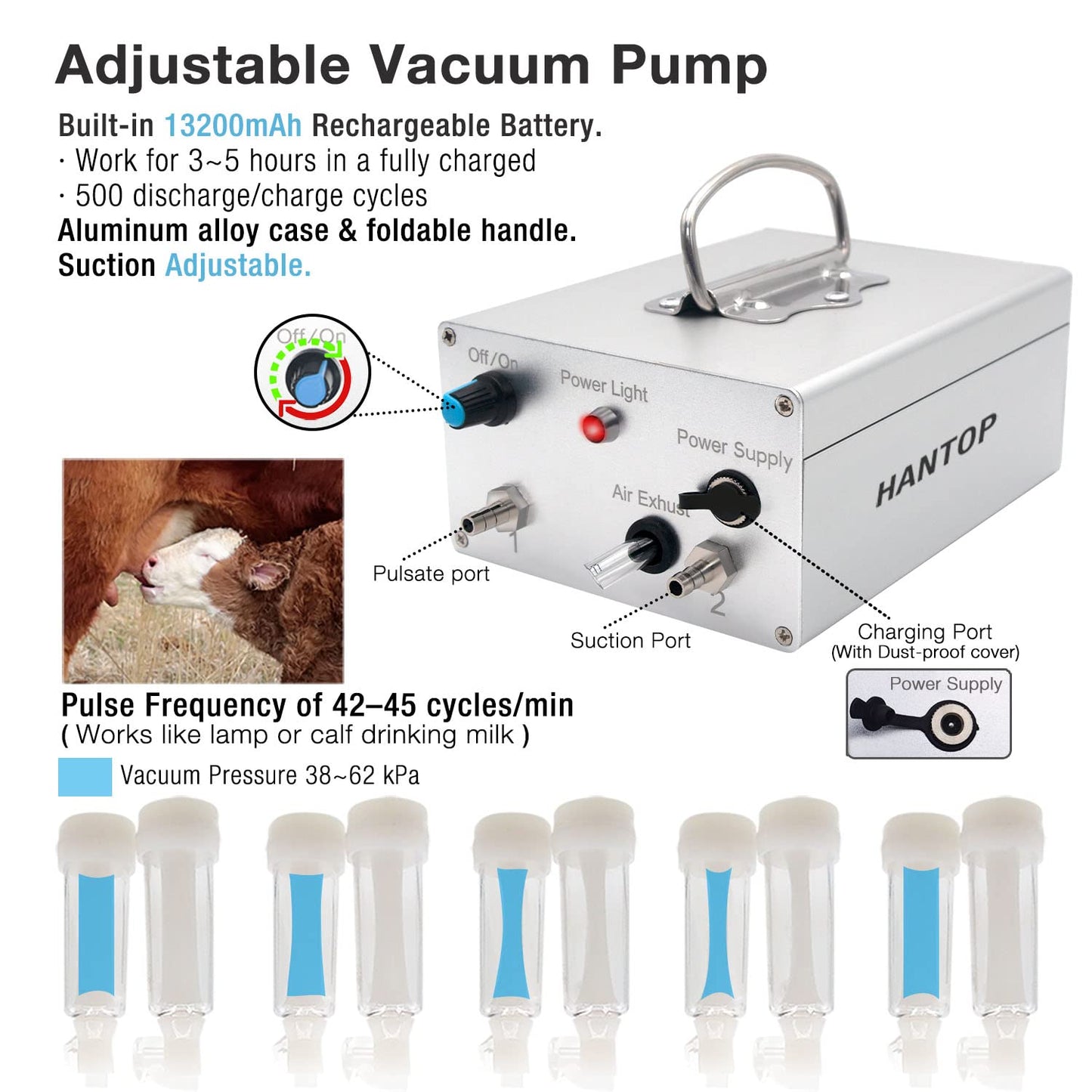 Hantop 12L Cow Milking Machine, Rechargeable Battery Powered Speed Adjustable Pulsating Vacuum Pump, 304 Stainless Steel Milk Bucket with Auto Stop Check Valve Cow Milker Machine (Pro Model)