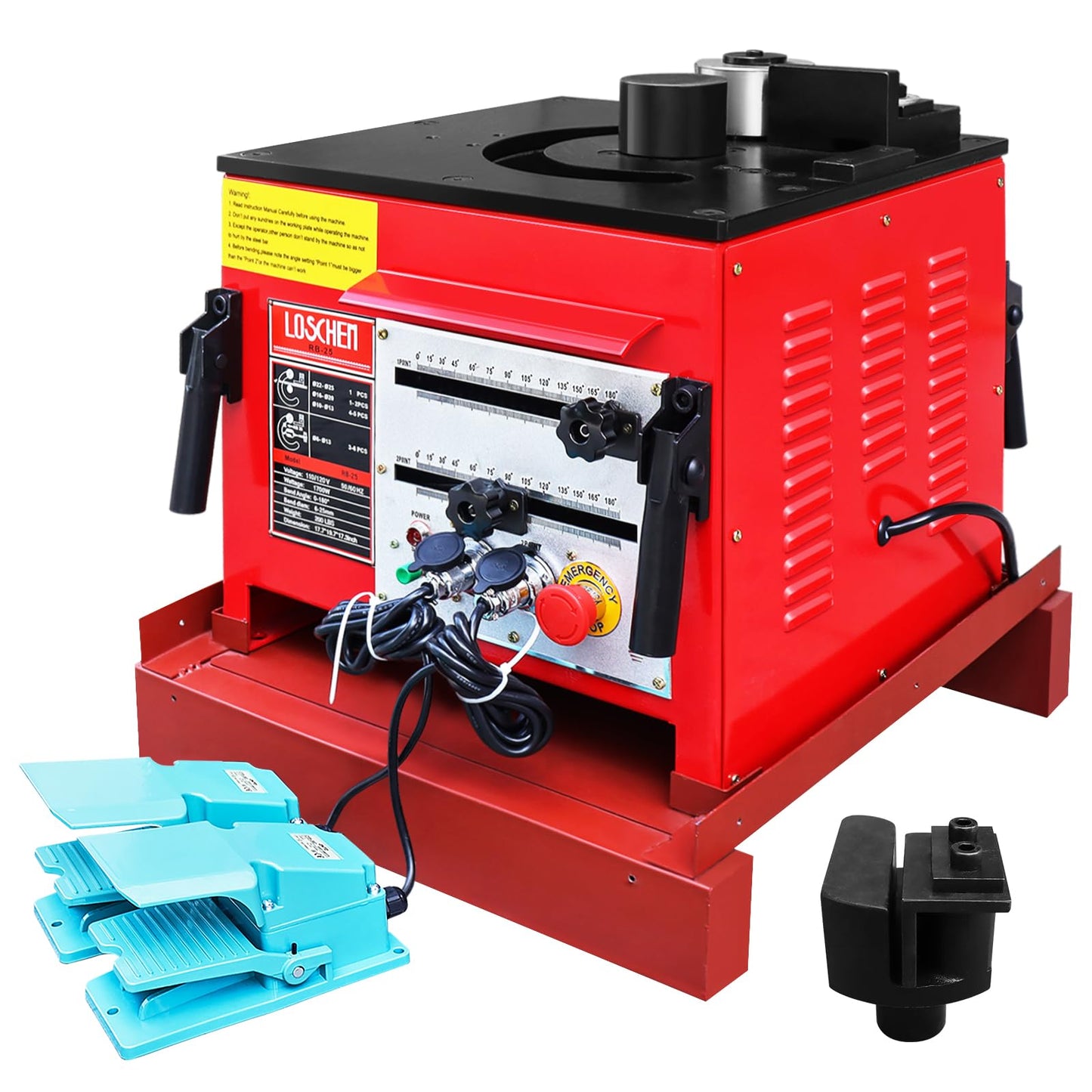 LOSCHEN Electric Hydraulic Rebar Bender,Bending Angle 0-180 Degrees,Bending up to 1 Inch #8 6-25mm Rebar,with Foot Pedal,Bending Rebar, Steel Bar, Steel Rod,1700W Desktop Electric Rebar Bender