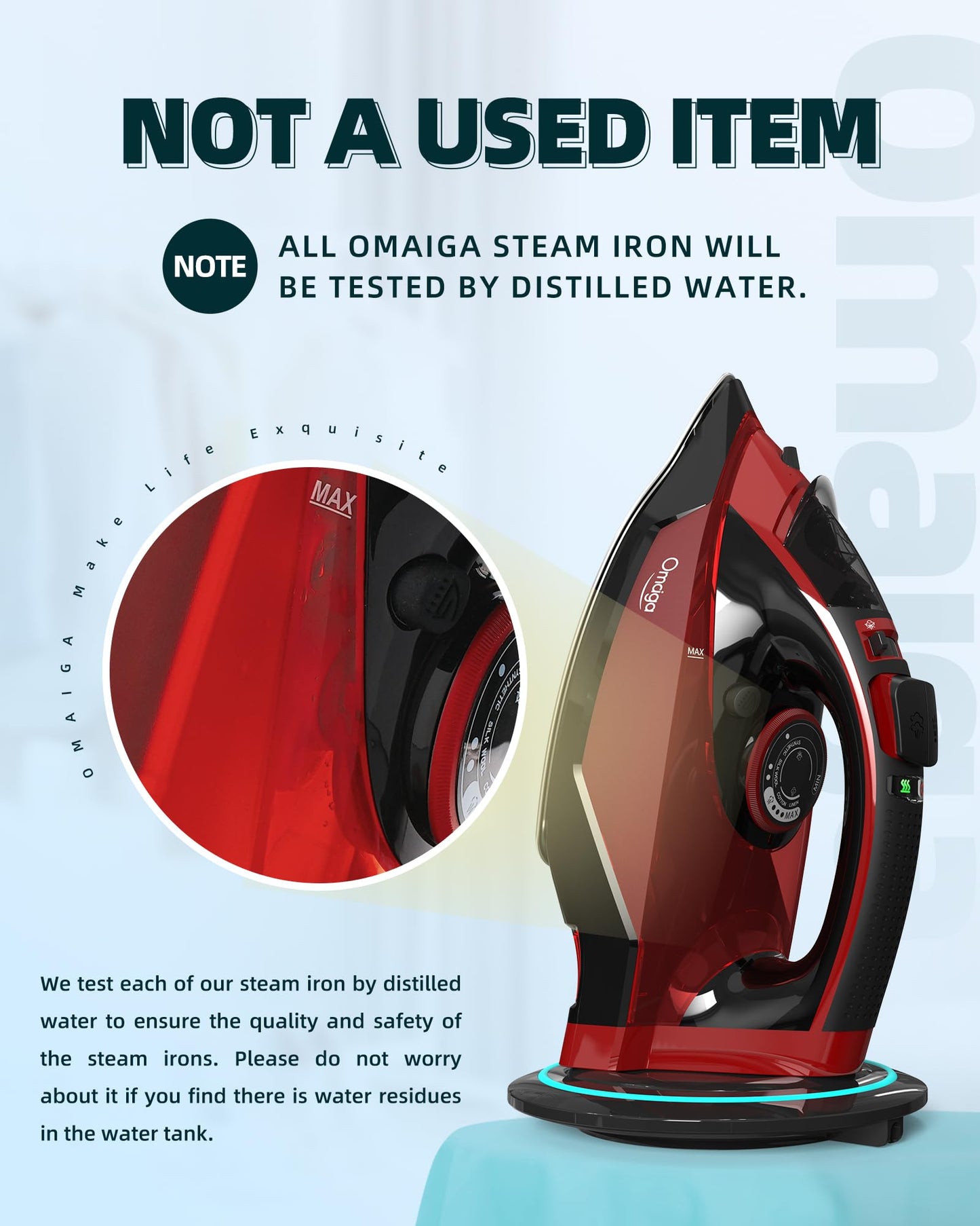 OMAIGA Cordless Iron for Clothes, 1500W Wireless Steam Iron with Ceramic Soleplate, 360 Degree Power Base, Auto Shut Off, Self-Clean, Anti-Calc, 3 Temperature Settings, 11.84oz Water Tank, Red