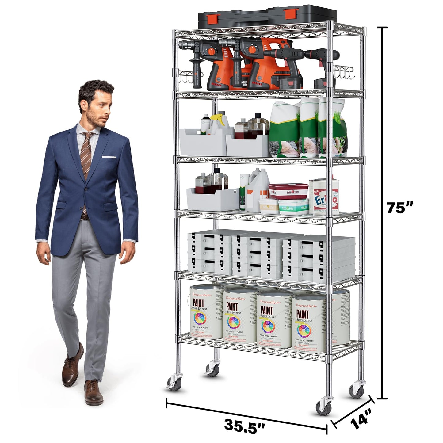 YNN Storage Shelves,6000Lbs 6 Tier Heavy Duty Metal Rolling Shelving Unit with Wheels & 8 Hooks, Adjustable Garage Wire Rack for Kitchen, Bathroom,Industrial,Pantry(36" W x 14" D x 72" H, Chrome)