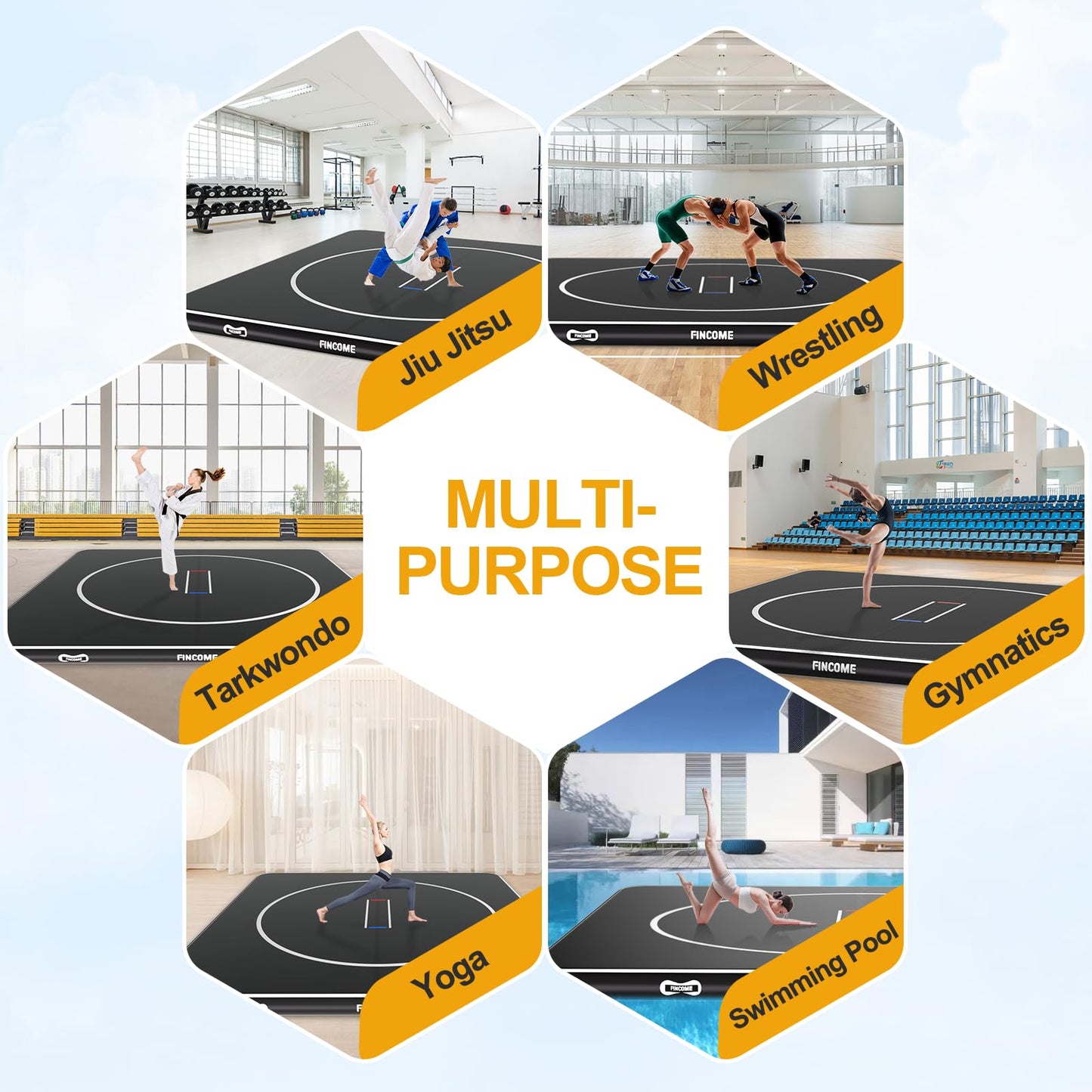FINCOME Inflatable Wrestling Mat 16ft/13ft/10ft, 4" Thick Foldable Jiu Jitsu Mats Wrestling Mats for Home Outdoor Indoor, Waterproof PVC Mat for Gymnastics, BJJ, MMA, Grappling, Judo, Boxing,16ft*16ft*4inch Black
