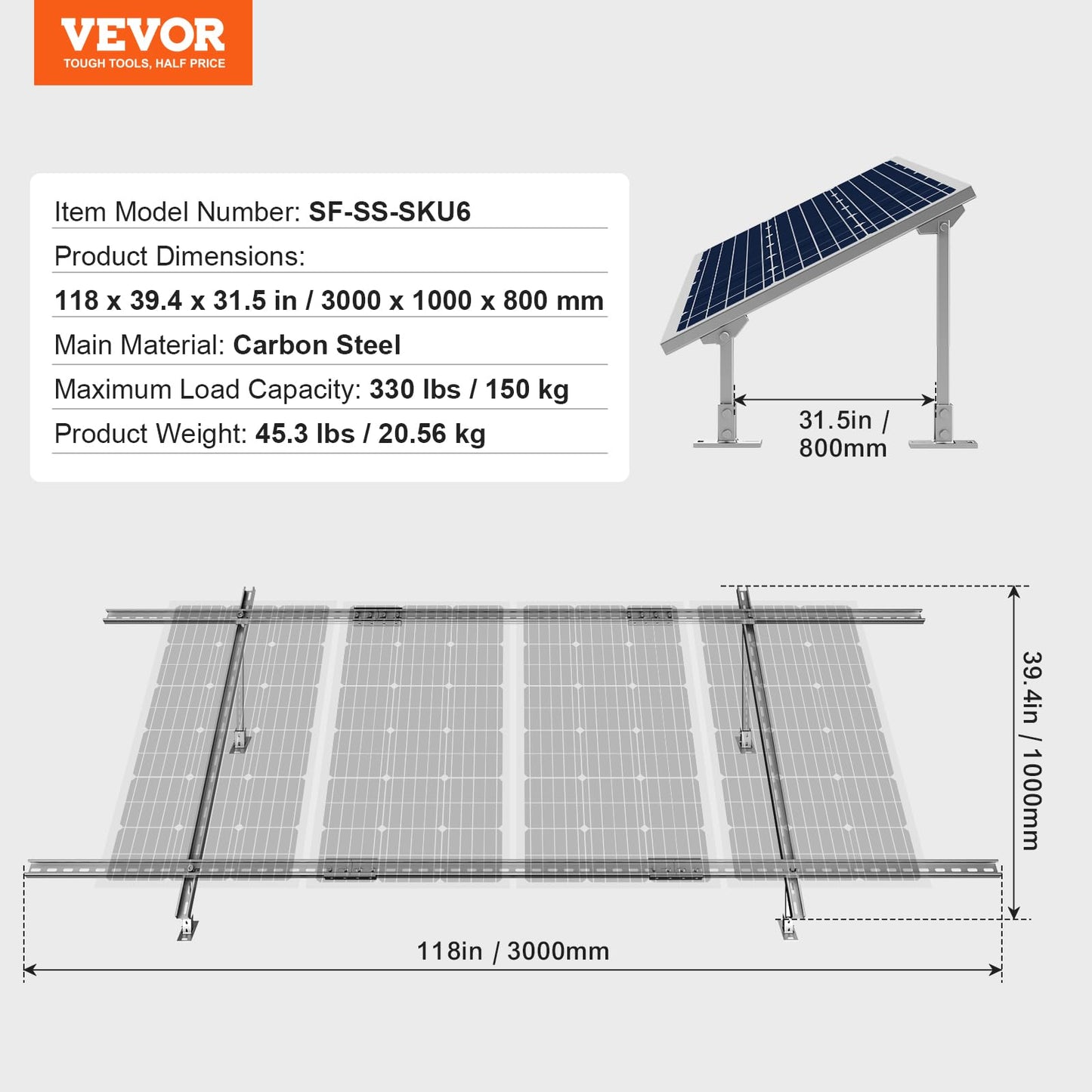 VEVOR Solar Panel Mounting Brackets, 30-60 Adjustable Multi-Piece Brackets for 1-4PCS Panels, Carbon Steel Ground Mount Stand for Farms, RVs, Boats, Off-Grid System