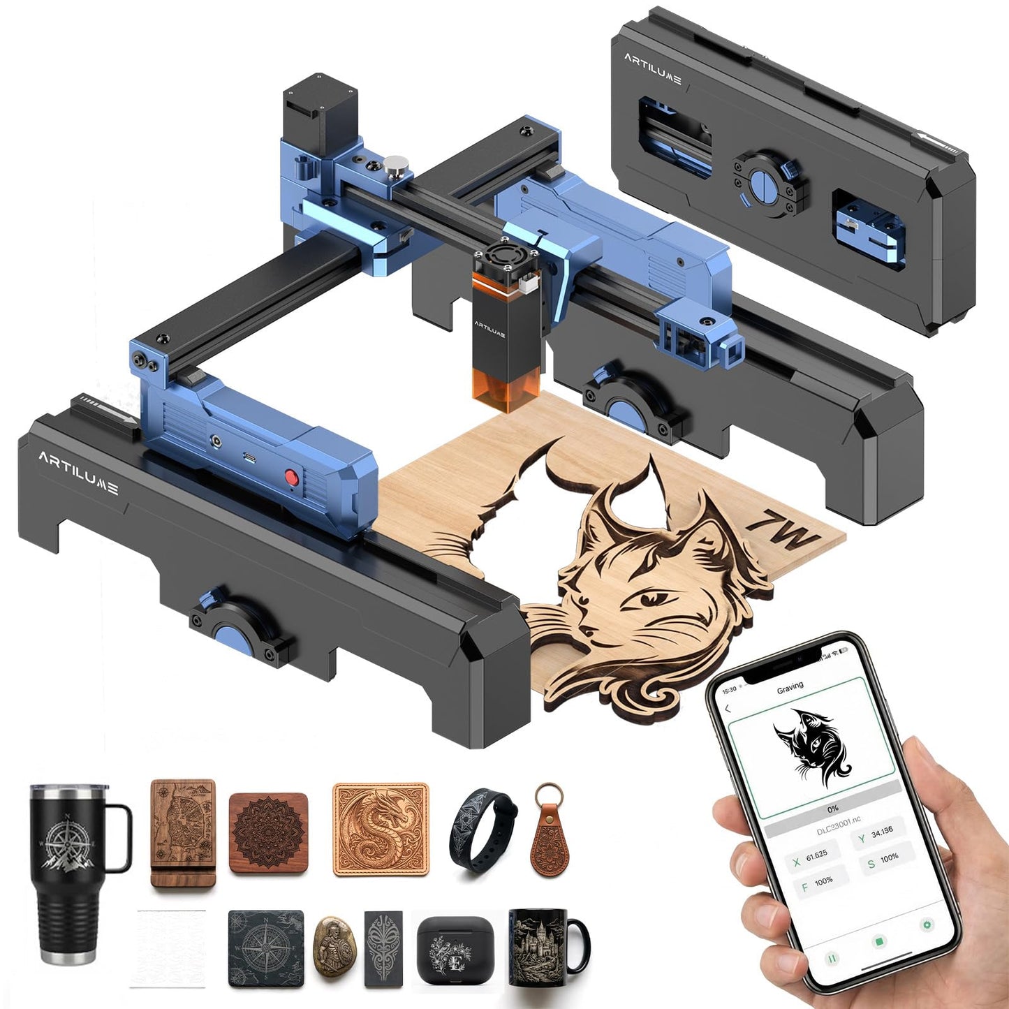Artilume T1-P Laser Engraver 7000mW, APP Control, Foldable Design with Height Extension and Protective Enclosure, Portable Laser Cutter and Engraver Machine, 200x150mm Large Engraving Area
