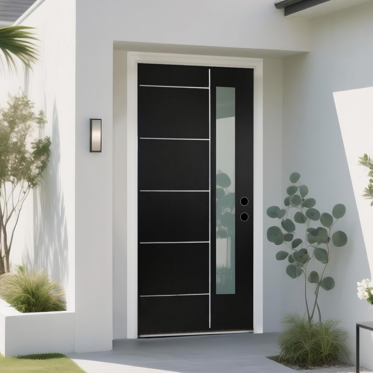 36'' x 80" Fiberglass Entry Door with 4-9/16" Width White Frame, Black Exterior Door with Frosted Glass, Modern Front Door with Brickmould, Left Hand Inswing