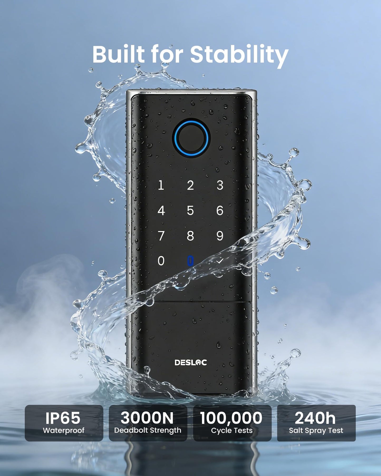 DESLOC Smart Lock K120 with GPT 3D Fingerprint, 15,000mAh Battery (Up to 16 Months), Keyless Entry Door Lock with Built-in WiFi, IP65 BHMA Grade 3 Deadbolt for Home, Rental & Airbnb, Black