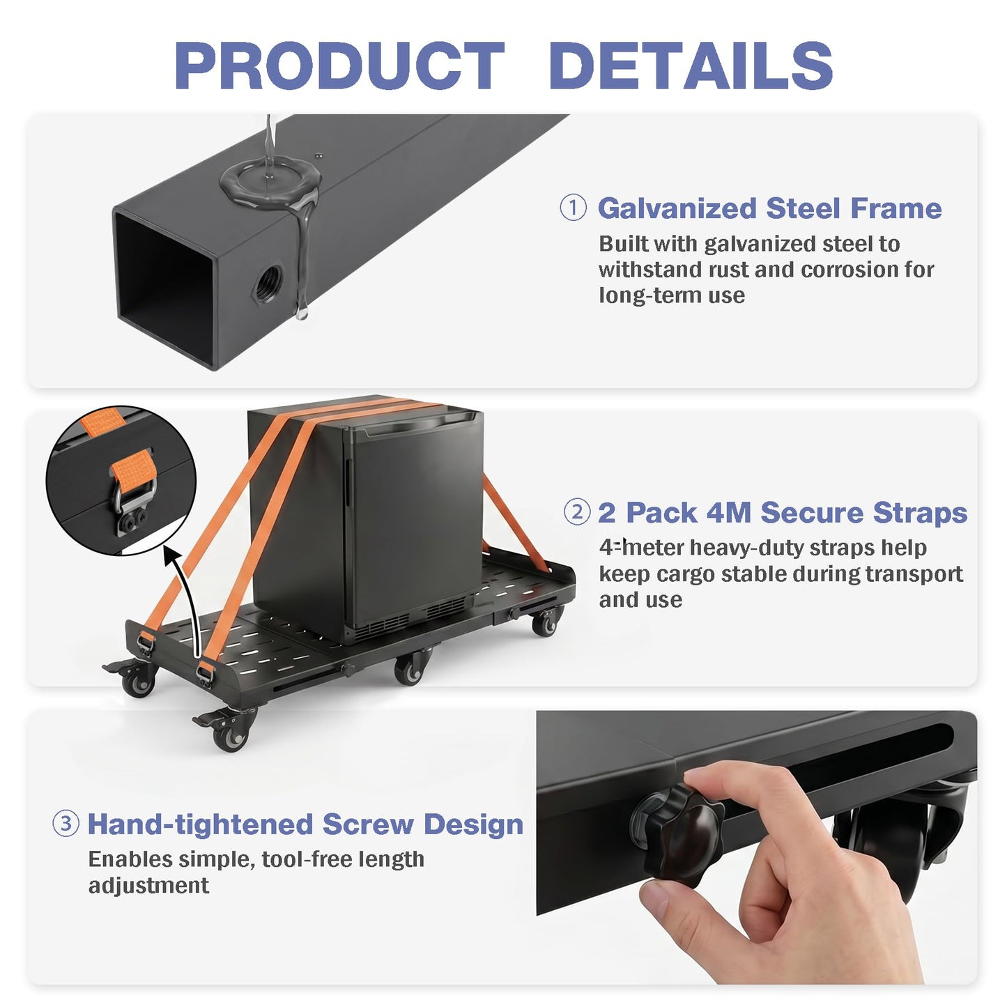 Heavy Duty Expandable Moving Dolly 2000LBS, 6 Wheels Furniture Dolly Cart with 4 Locking Swivel Casters, Adjustable Appliance Dolly 27.6"-41.7", Steel Moving Cart with Straps for Furniture, Appliances