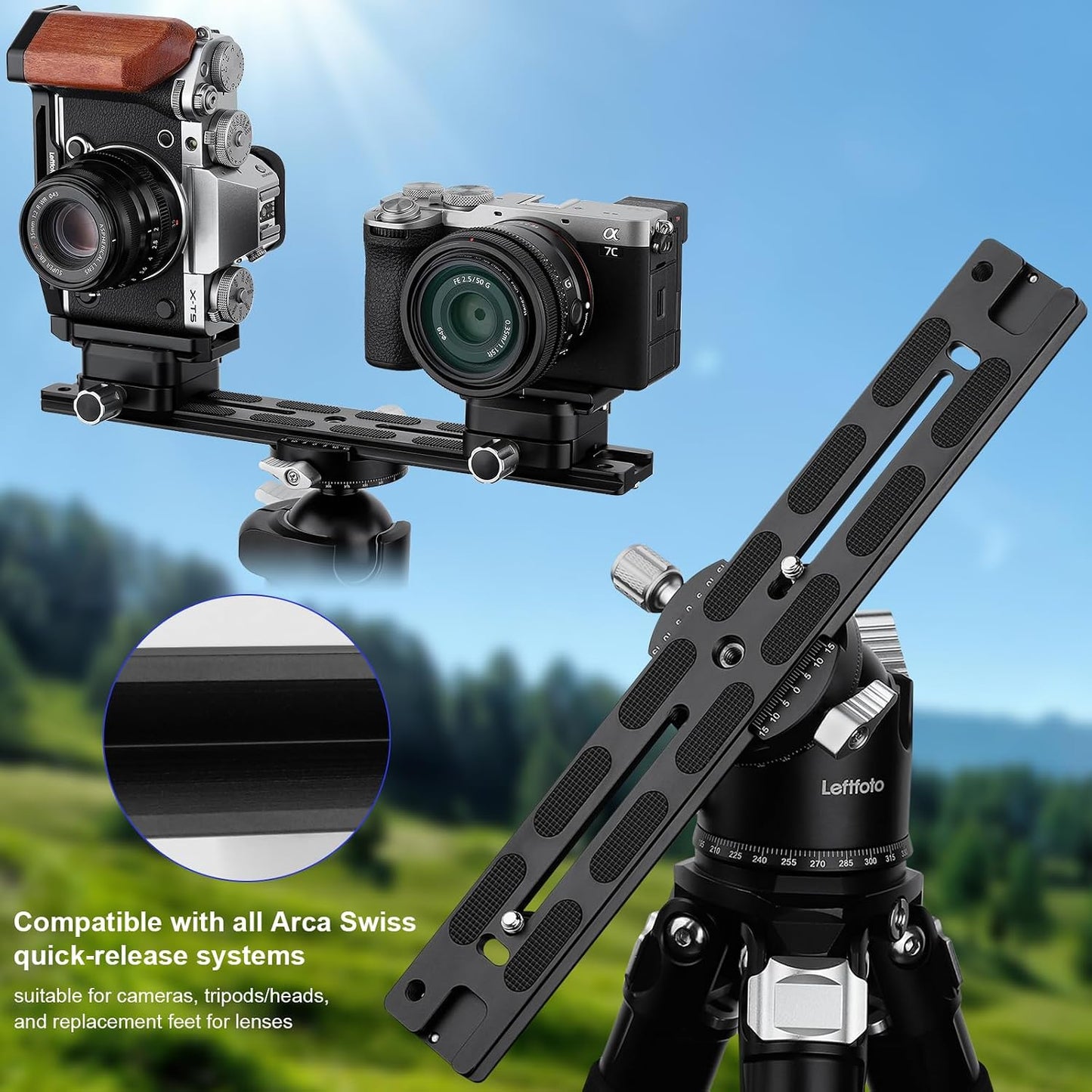 Leftfoto 280mm Metal Dovetail Slide Rail Arca Swiss Type Quick Release Plate with Cold Shoe & Anti-Slip Pads for DSLR