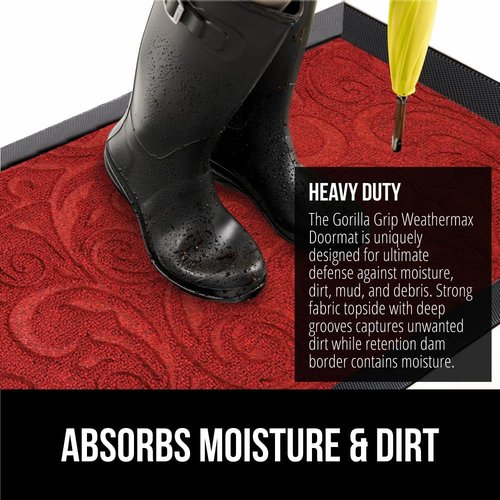 GORILLA GRIP 100% Waterproof Doormat - All-Season WeatherMAX, Stain & Fade Resistant, 35x23, Red Vintage Wine