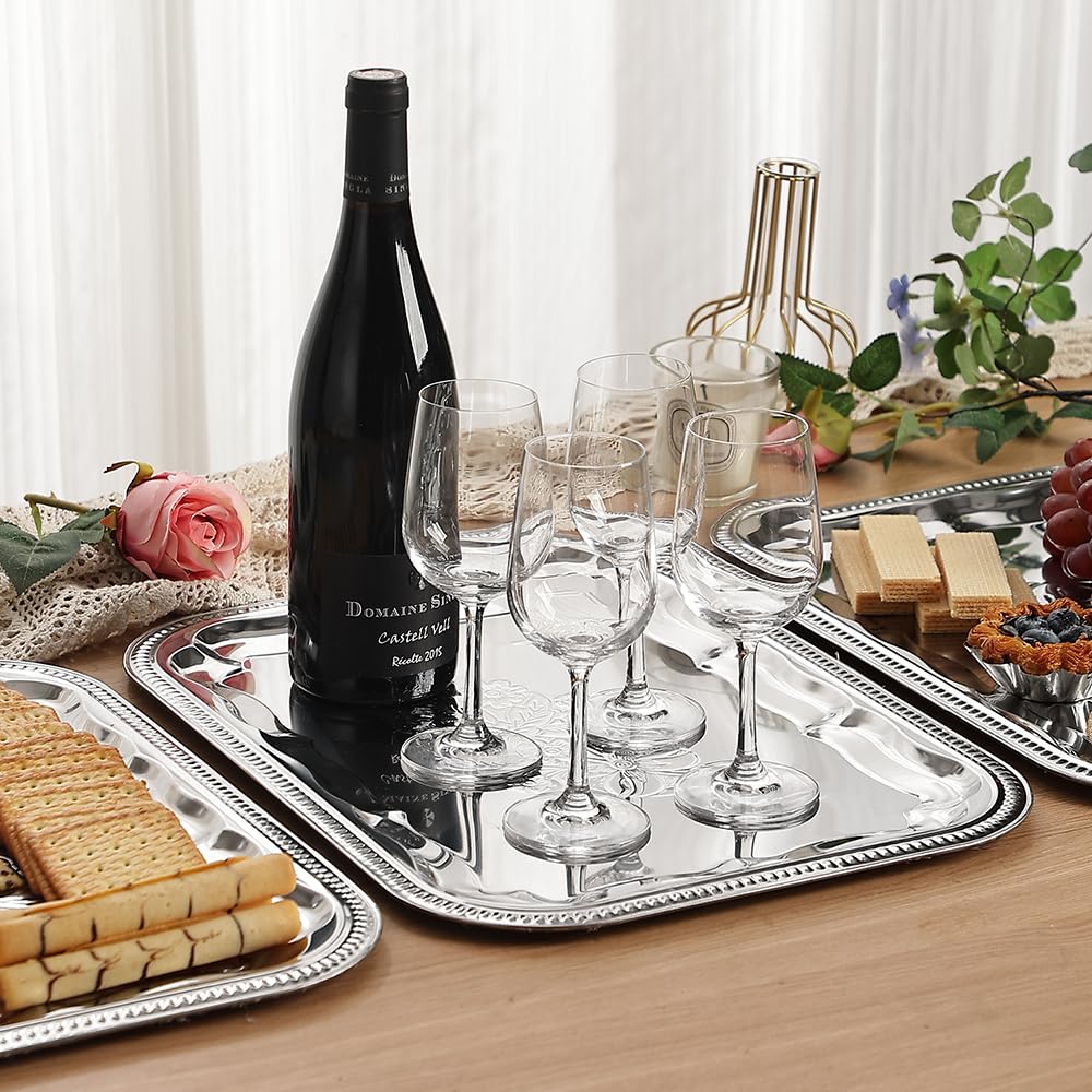 4-Pack 15.7" x 11.8" Silver Serving Trays for Party Set - Floral Engraved Serving Platters, Wedding Birthday Mirror Tray for Summer BBQ, Food, Appetizer, Charcuterie, Cookies, Desserts