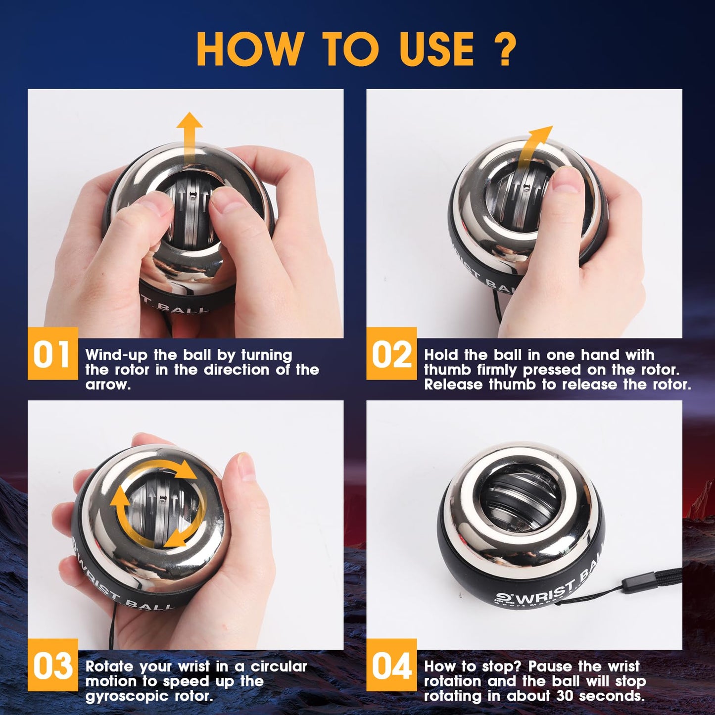 JIN BD Wrist Trainer Ball Auto-Start Gyroscopic Forearm Exerciser Gyro Ball for Strengthen Arms, Fingers, Grip and Muscles Silver-Metal (Colorful Light)