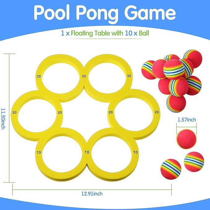 Hiboom Pool Game with Score, Combo Foam Pool Floats with 10 Colorful Tossing Balls, Toss Game Swimming Party Toys Accessories for Family Par, Dive Rings(Round,Yellow)