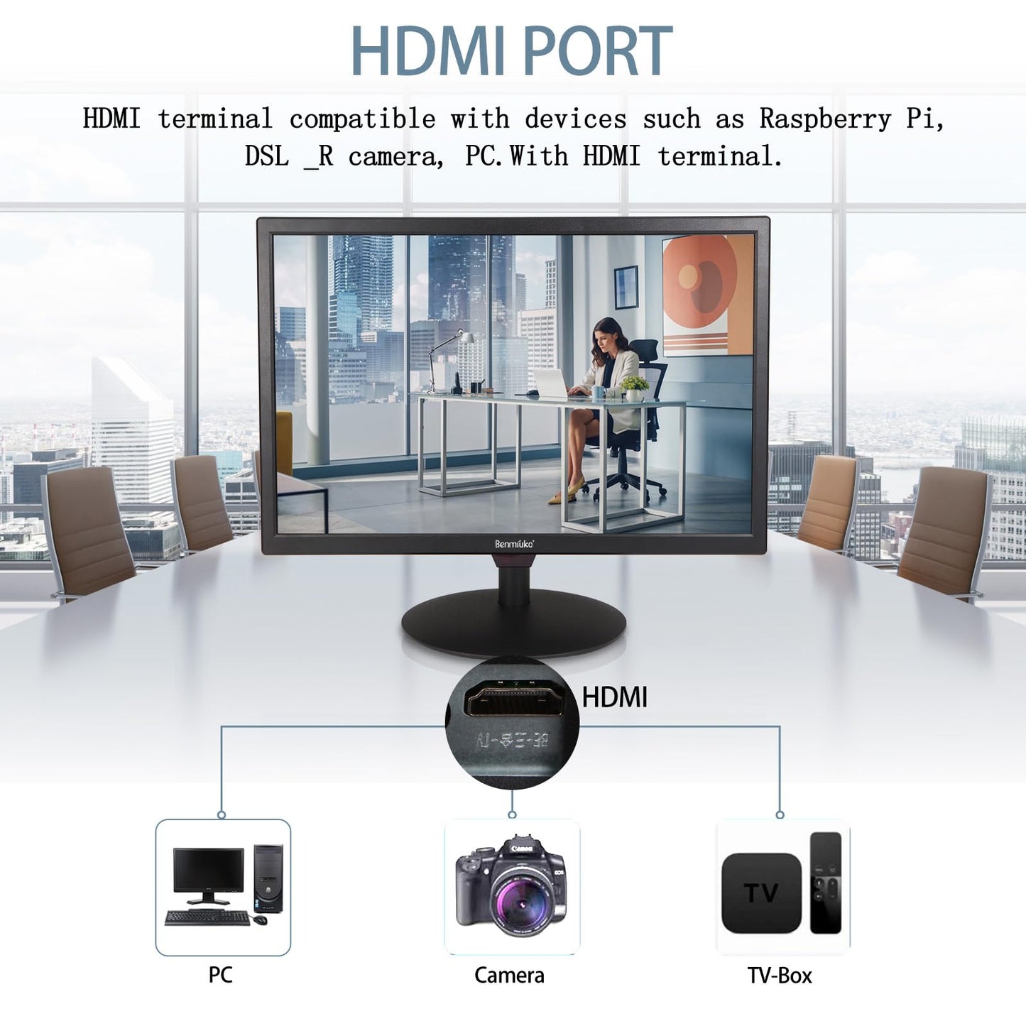 Benmiuko 22 inch Monitoring Display Screen Security Camera Monitor LCD Multi Functional Interface HDMI, BNC, VGA, AV, USB Input CCTV Computer Monitors Built in Speaker 1920x1080 Full HD