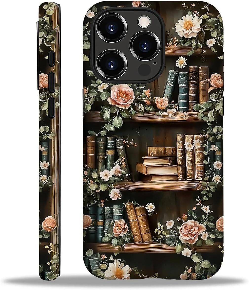 Akinmi 16 16 Case for iPhone Pro,Vintage Flowers Entwined Bookshelf Exquisitely Pattern Double Protective Phone Cover