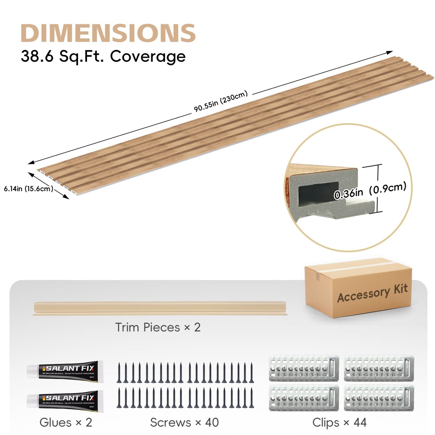 RITOLLO 10 Pack WPC Slat Wall Panels, 3D Fluted Acoustic Wall Paneling 90.6 x 6.1 x 0.35 Inches, Wood Look Decorative Panels for TV Background, Living Room, Interior Wall Decor (Elm)