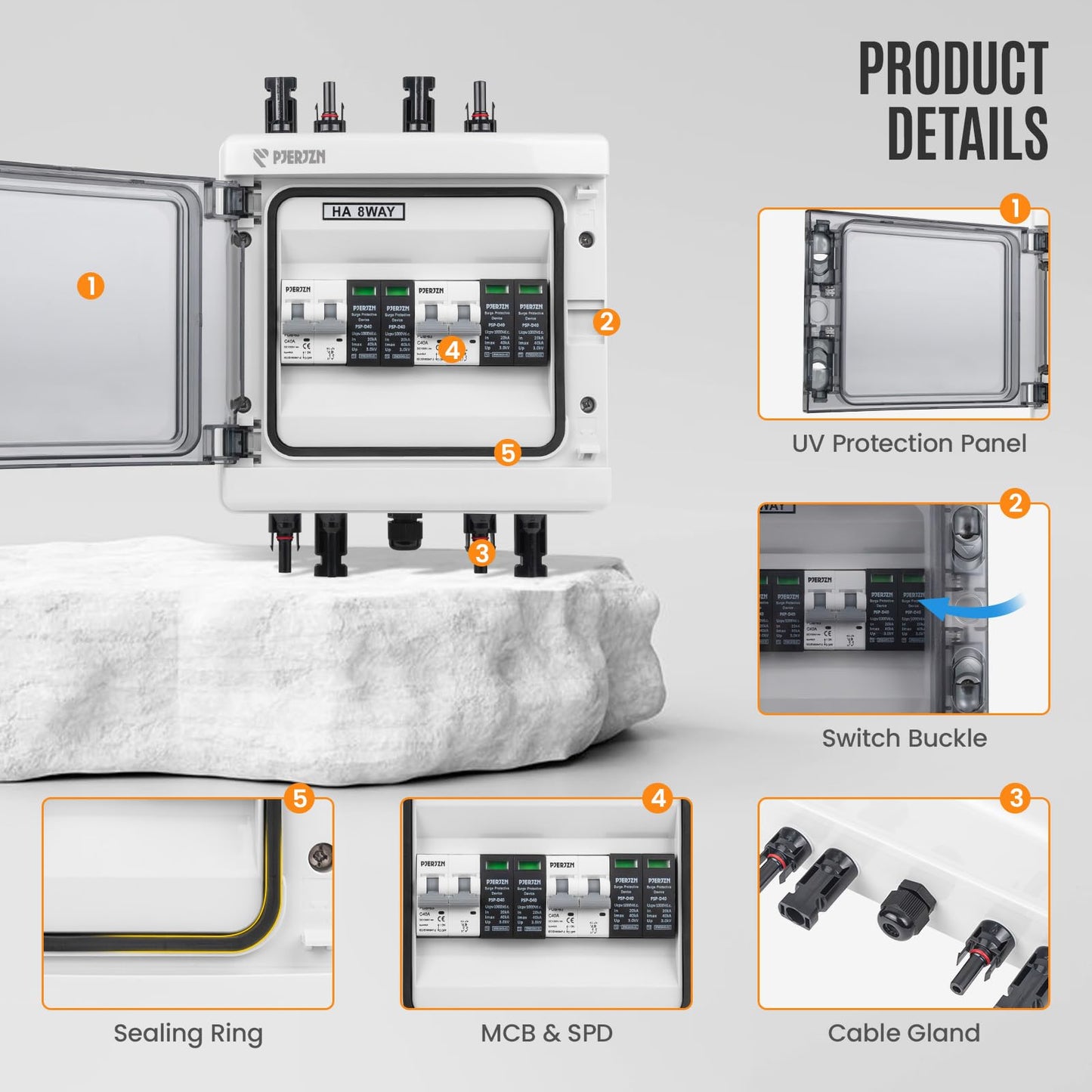 PJERJZN Solar Combiner Box 2 String PV Combiner Box 1000V DC 40A & 20-40KA SPD Power Distribution Box for Solar Panels Off-Grid Systems (2String 2 in 2 Out)