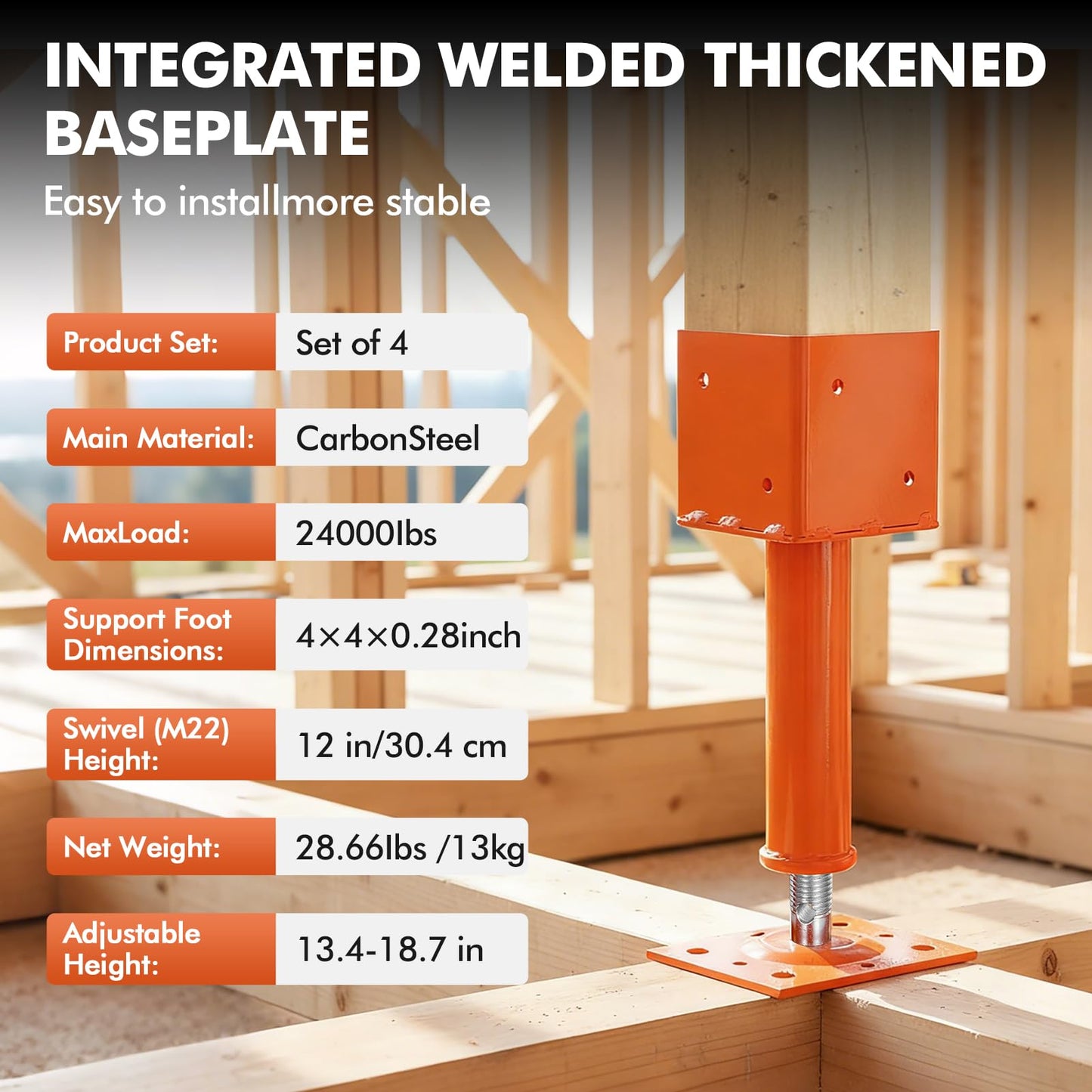 Screw Jack Post,4" x 4" Adjustable House Floor Jacks,13.4"-18.7" Height Range,24000 lbs Max Load Capacity, Temporary House Jack Pole,Lifting Floor Crawlspace Basement Shore Beam (4-PCS)
