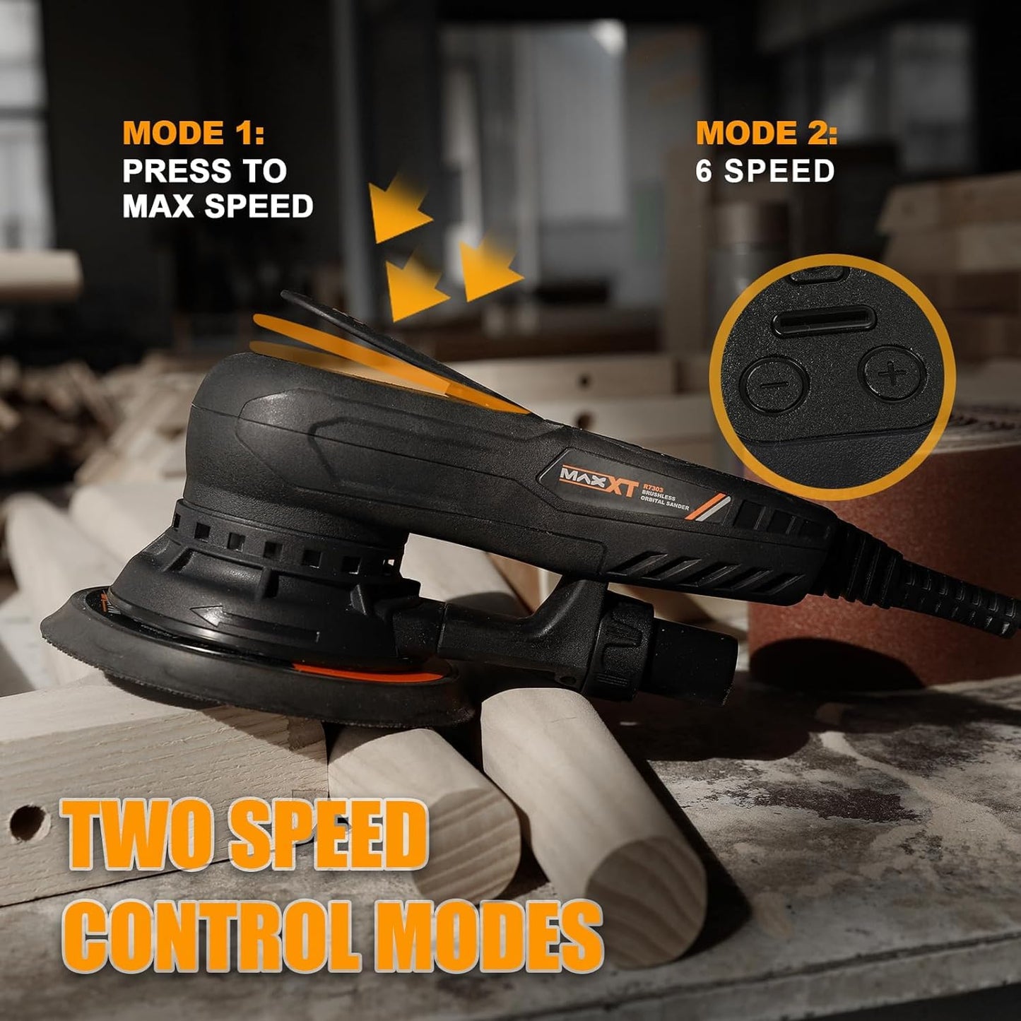MAXXT Electric 5mm Random Orbital Sander, Brushless 350W 3A Palm Sander, Multi-function Variable Speed Electric Corded Orbital Sanders Machine with 6Inch Sanding Pad, 10 Sanding Papers for Woodworking