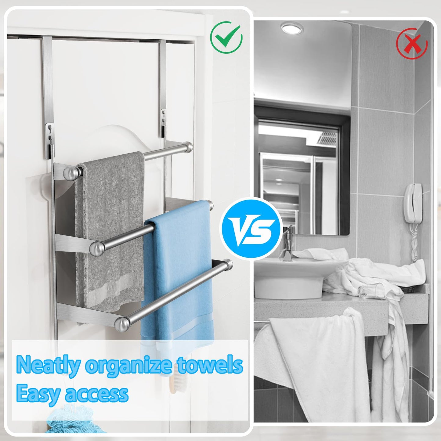 Over The Door Towel Rack,304 Stainless Steel Towel Rack with 2 Hooks, 3 Tier Towel Bar for Hanging Towels, Over Door Towel Storage Holder for Bathroom