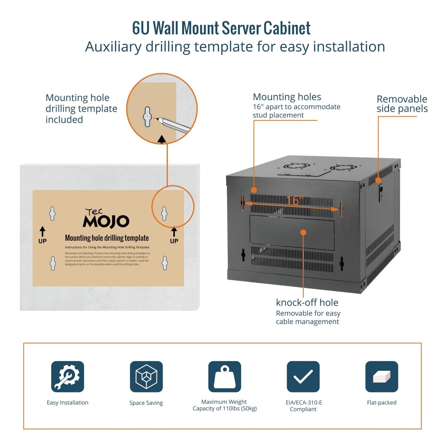Tecmojo 6U Wall Mount Rack with Thermostat, 17.7inch Depth Enclosed Server Cabinet with 2 Cooling Fans,Lockable Door & Hardware,6U Rack for 19inch Equipments,Glass Door