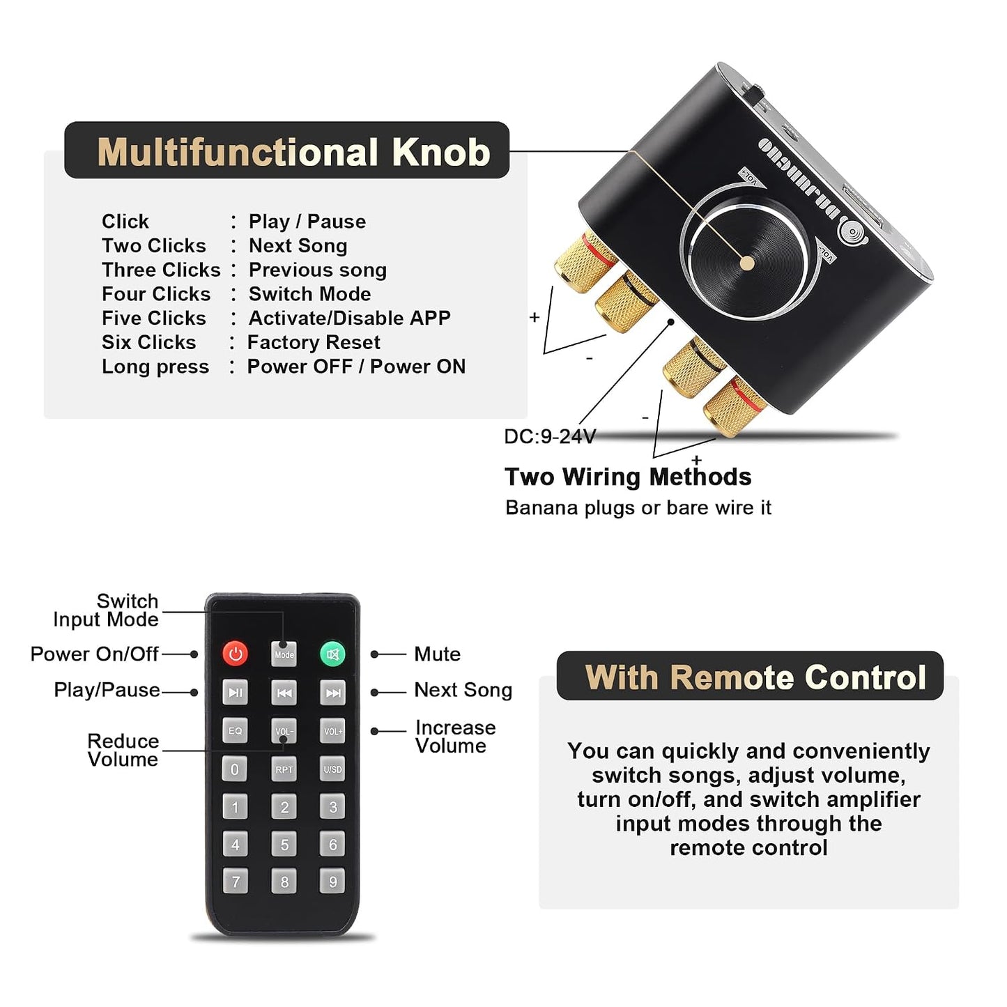 X50H 50W+50W 2.0 TPA3116D2 19V4.74A Bluetooth Amplifier Power Output with Remote Control, Stereo Bluetooth Amplifier