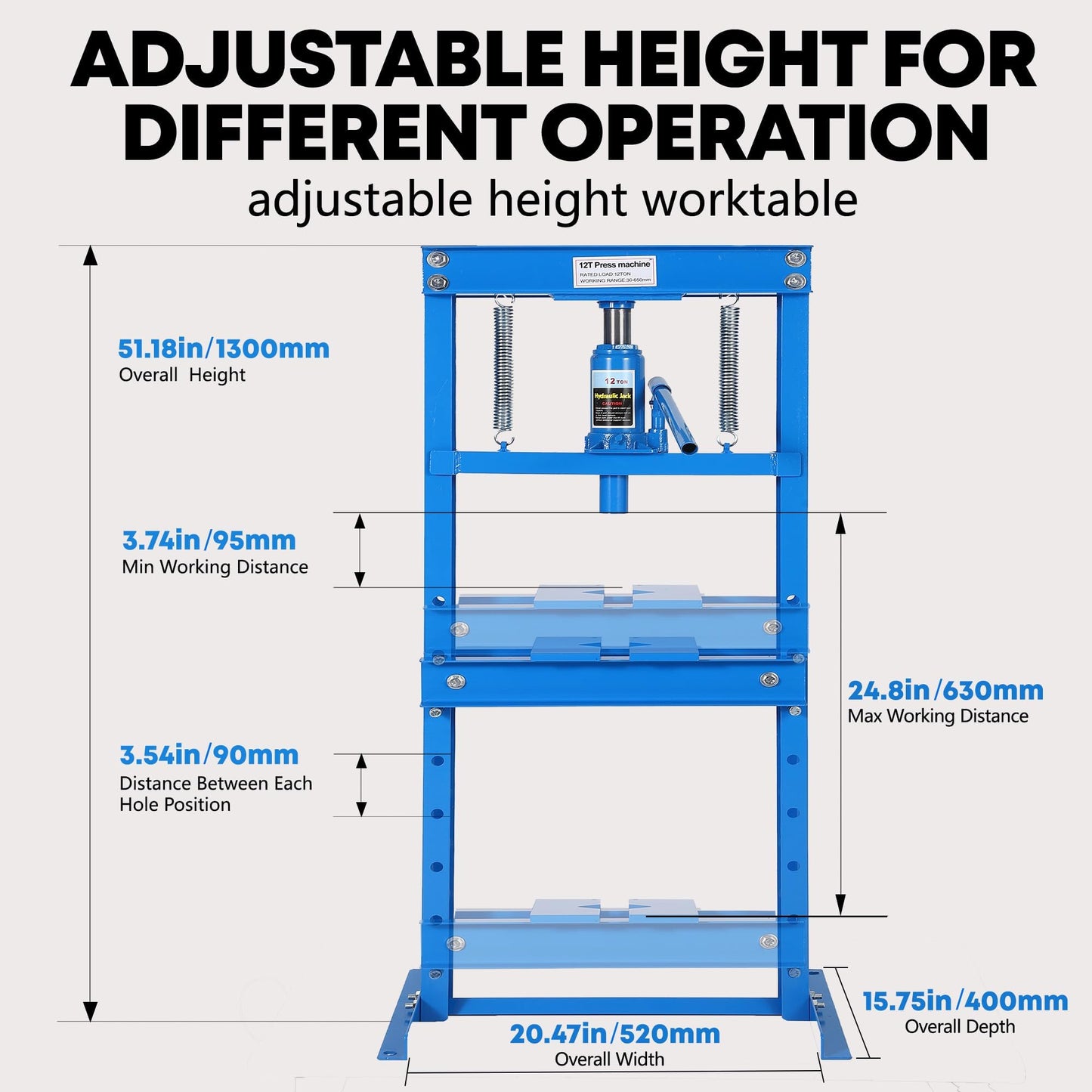 Hydraulic Press, Heavy Duty 12 Ton H-Frame Garage Hydraulic Shop Press, Adjustable Worktable & Plates, for Metal Bending, Straightening