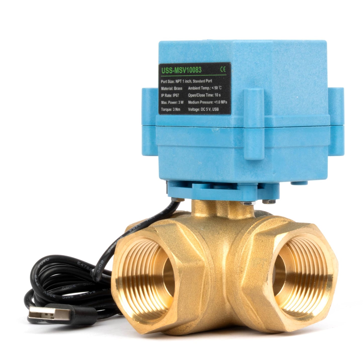 Motorized Ball Valve 1 in NPT U.S. Solid 3 Way Brass WiFi Smart Electric Valve USB Powered with LED Status Indicator and Flow Direction Window